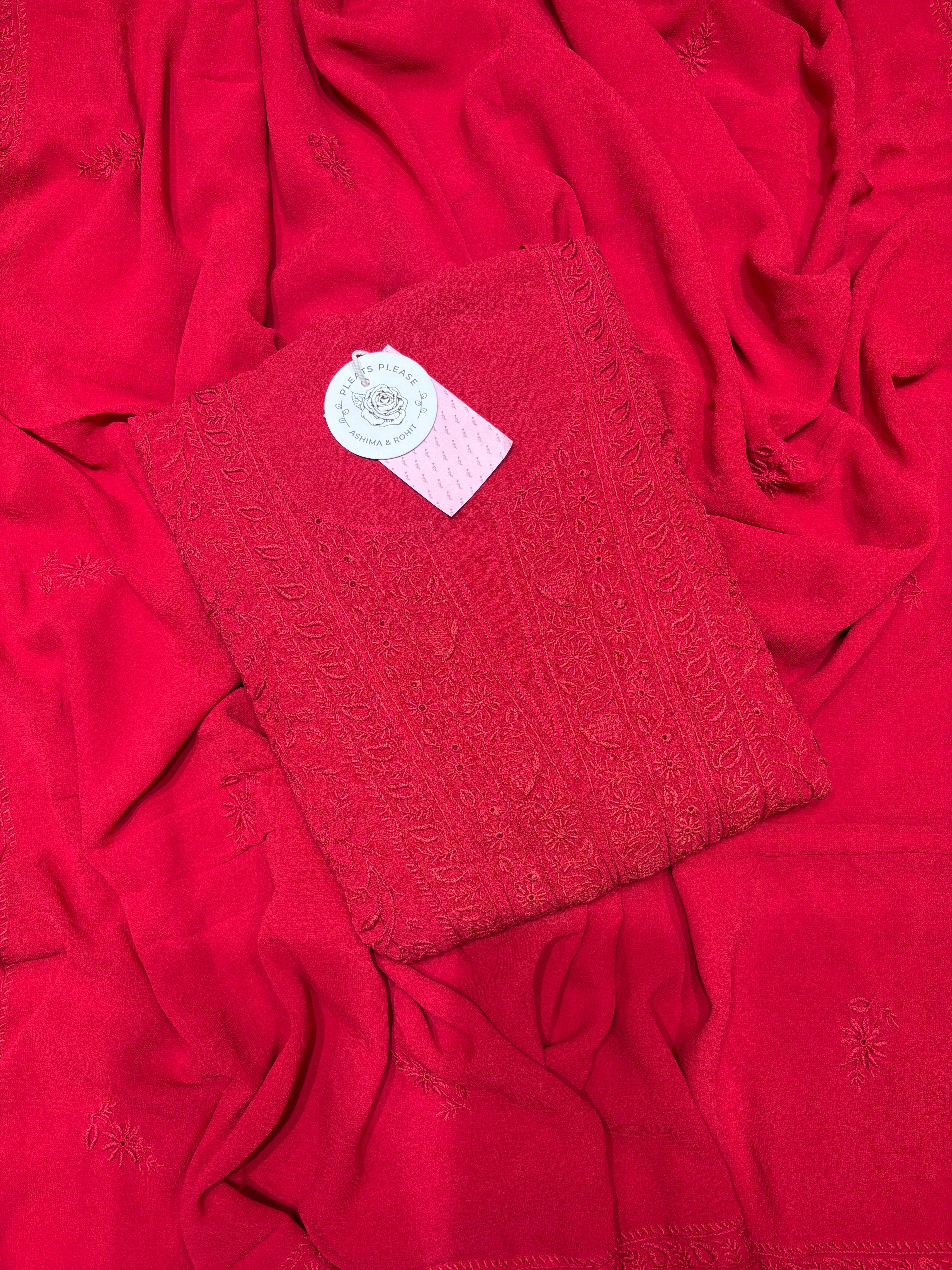 Red Pure Georgette Chikankari Kurta & Dupatta