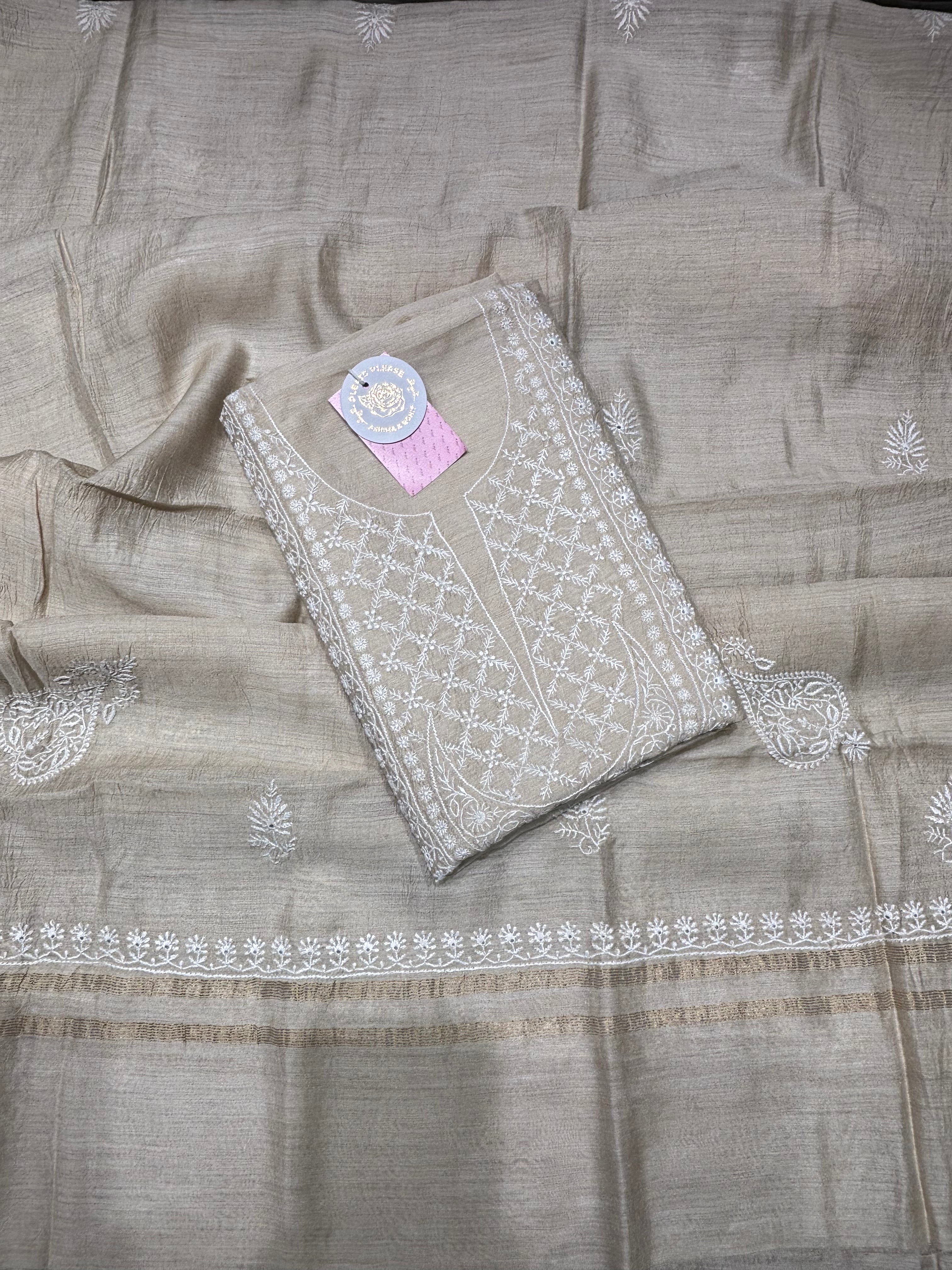 Dyeable Pure Munga Silk Chikankari Kurta & Dupatta