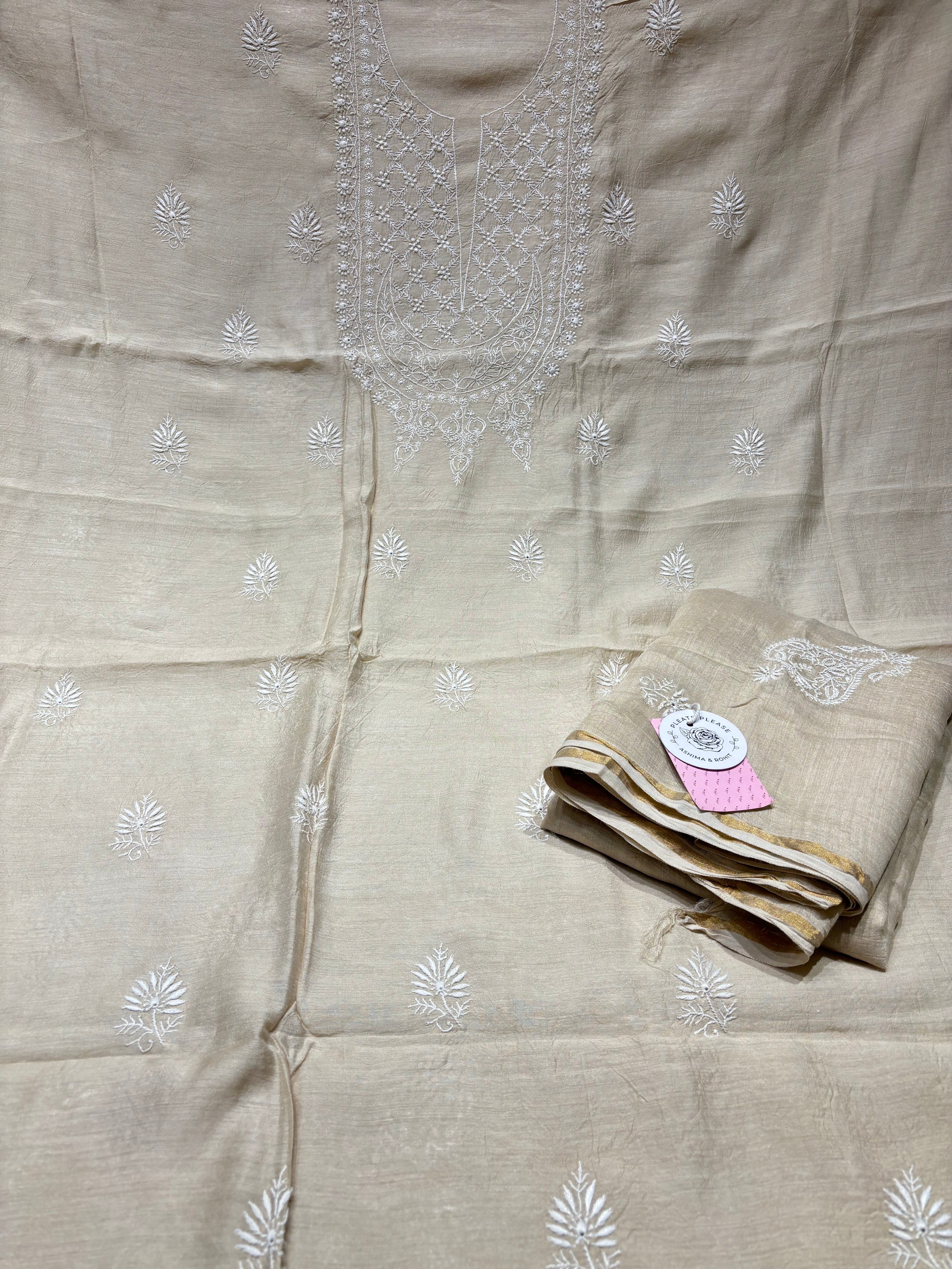 Dyeable Pure Munga Silk Chikankari Kurta & Dupatta - Pleats PleaseChikankari