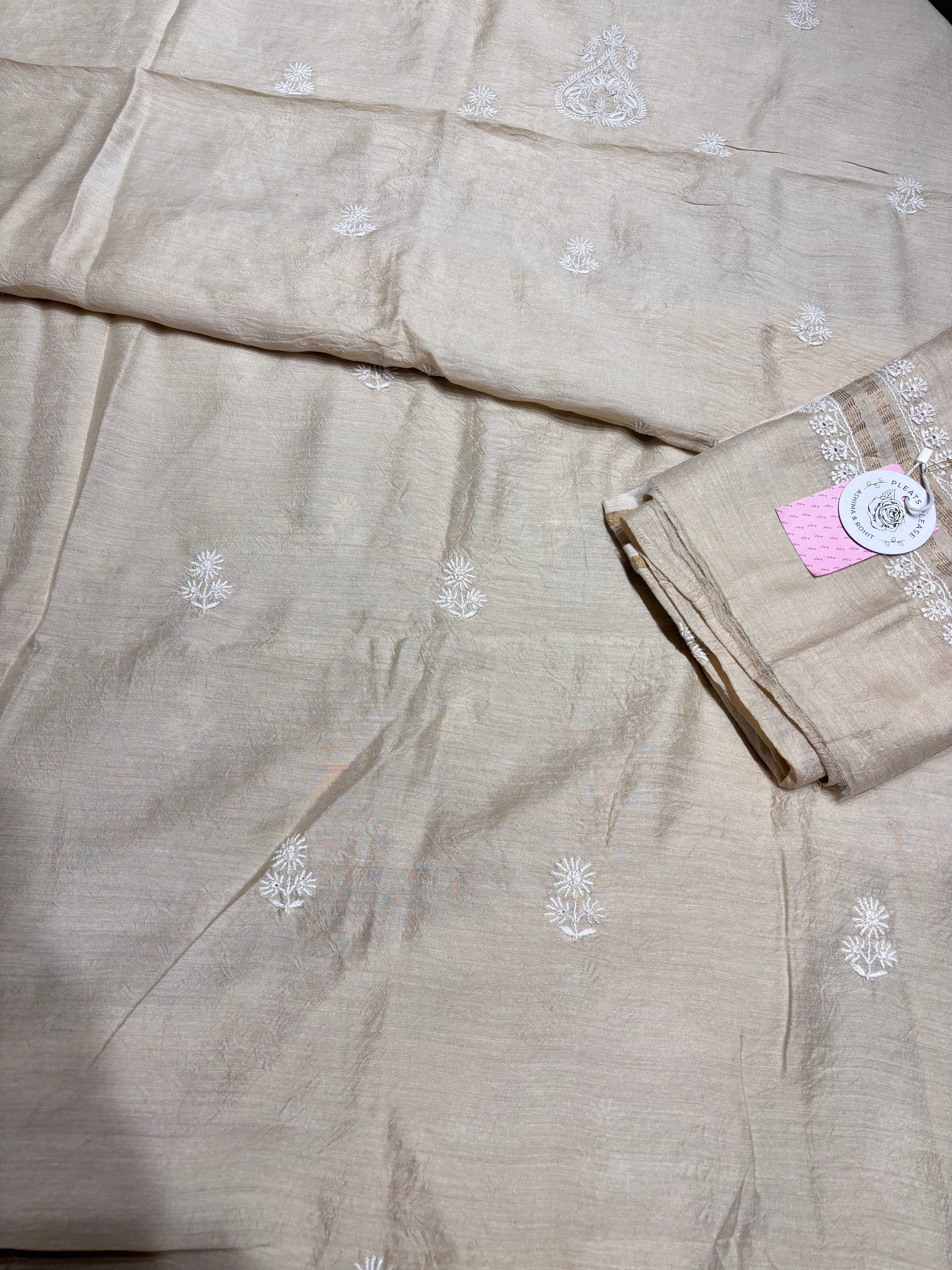 Dyeable Pure Munga Silk Chikankari Kurta & Dupatta - Pleats PleaseChikankari
