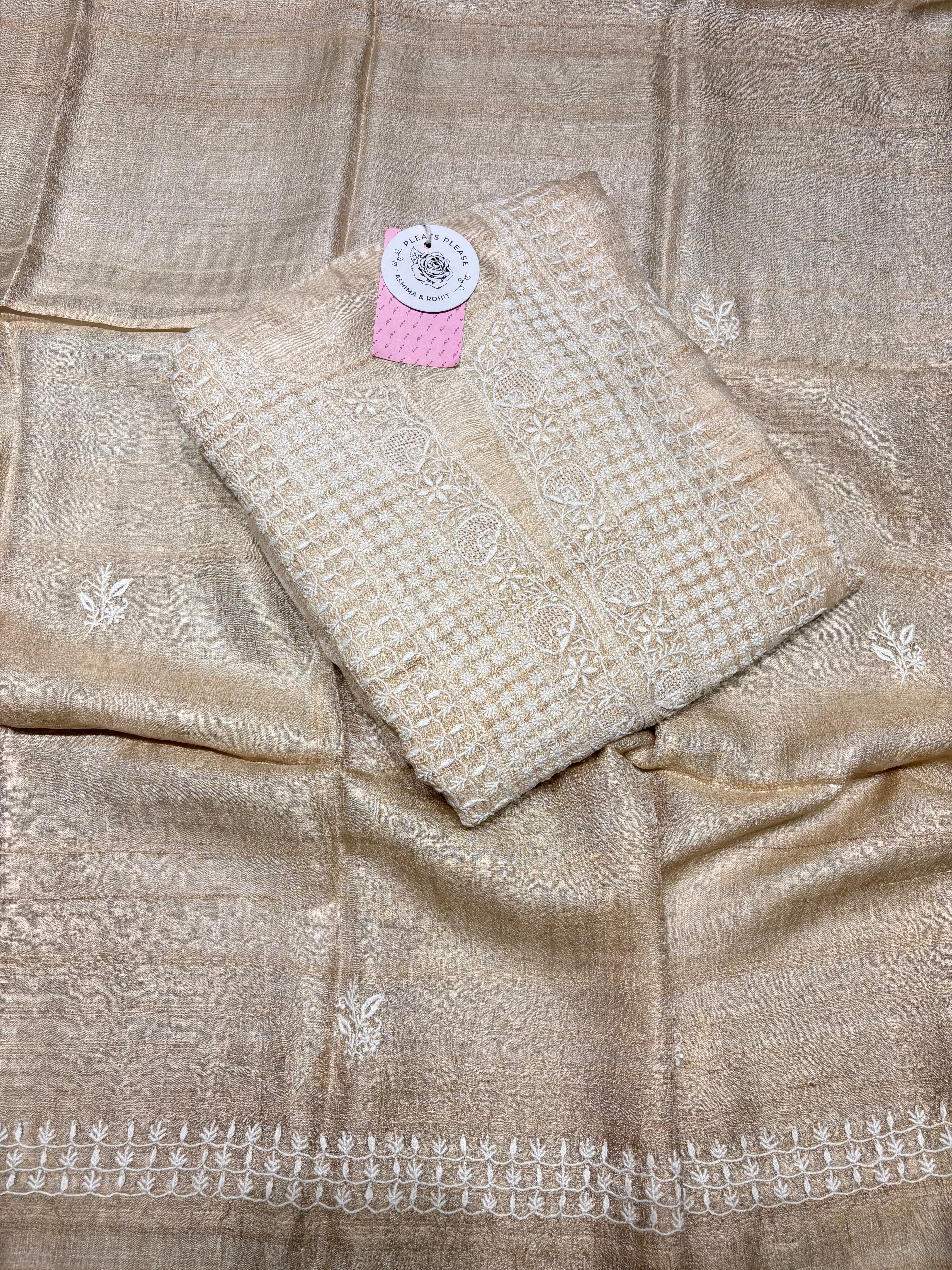 Dyeable Pure Tussar Silk Chikankari Kurta & Dupatta