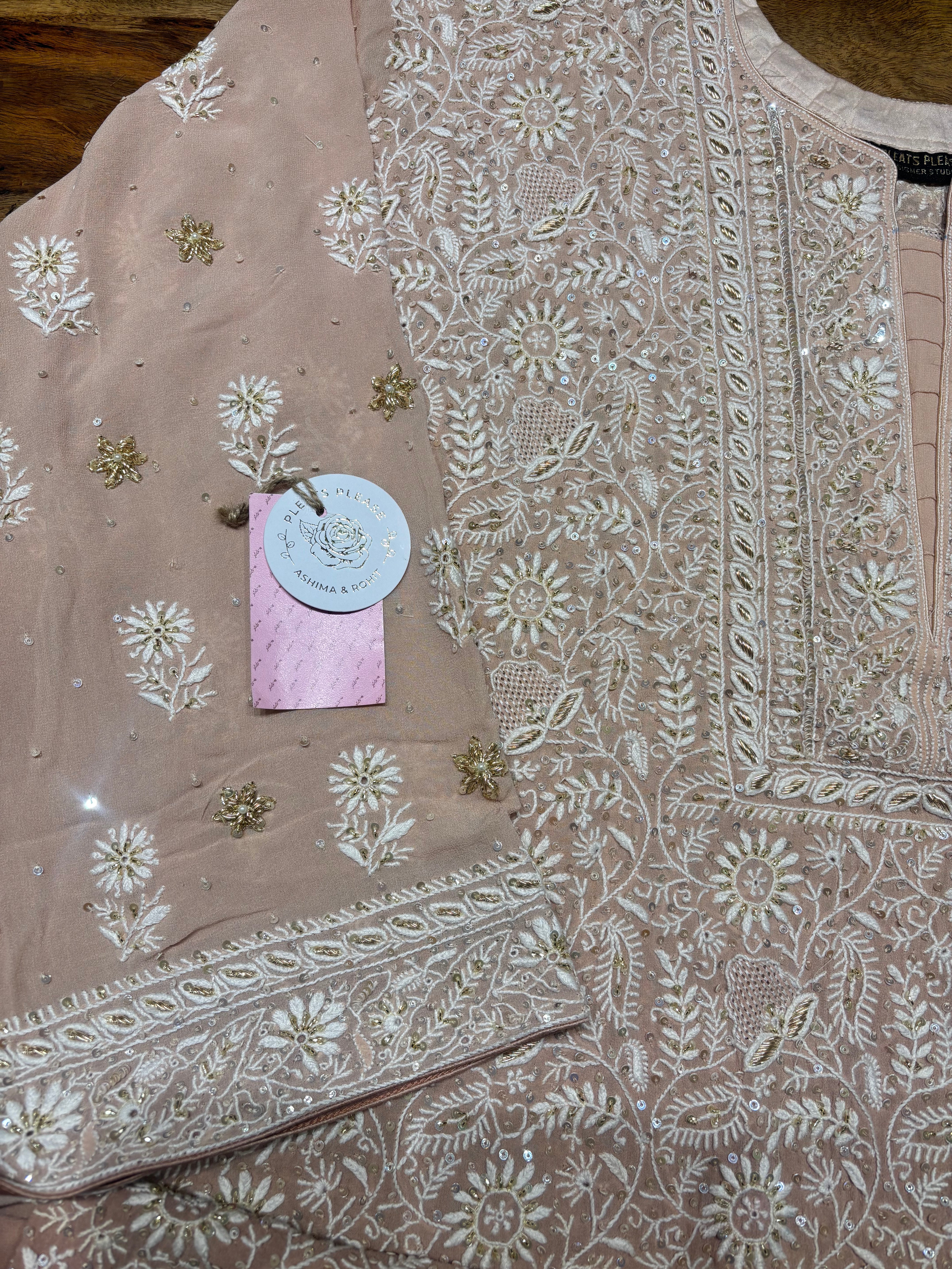 Dusty Rose Ombre Pure & Premium Georgette Kurta & Dupatta - Pleats PleaseChikankari