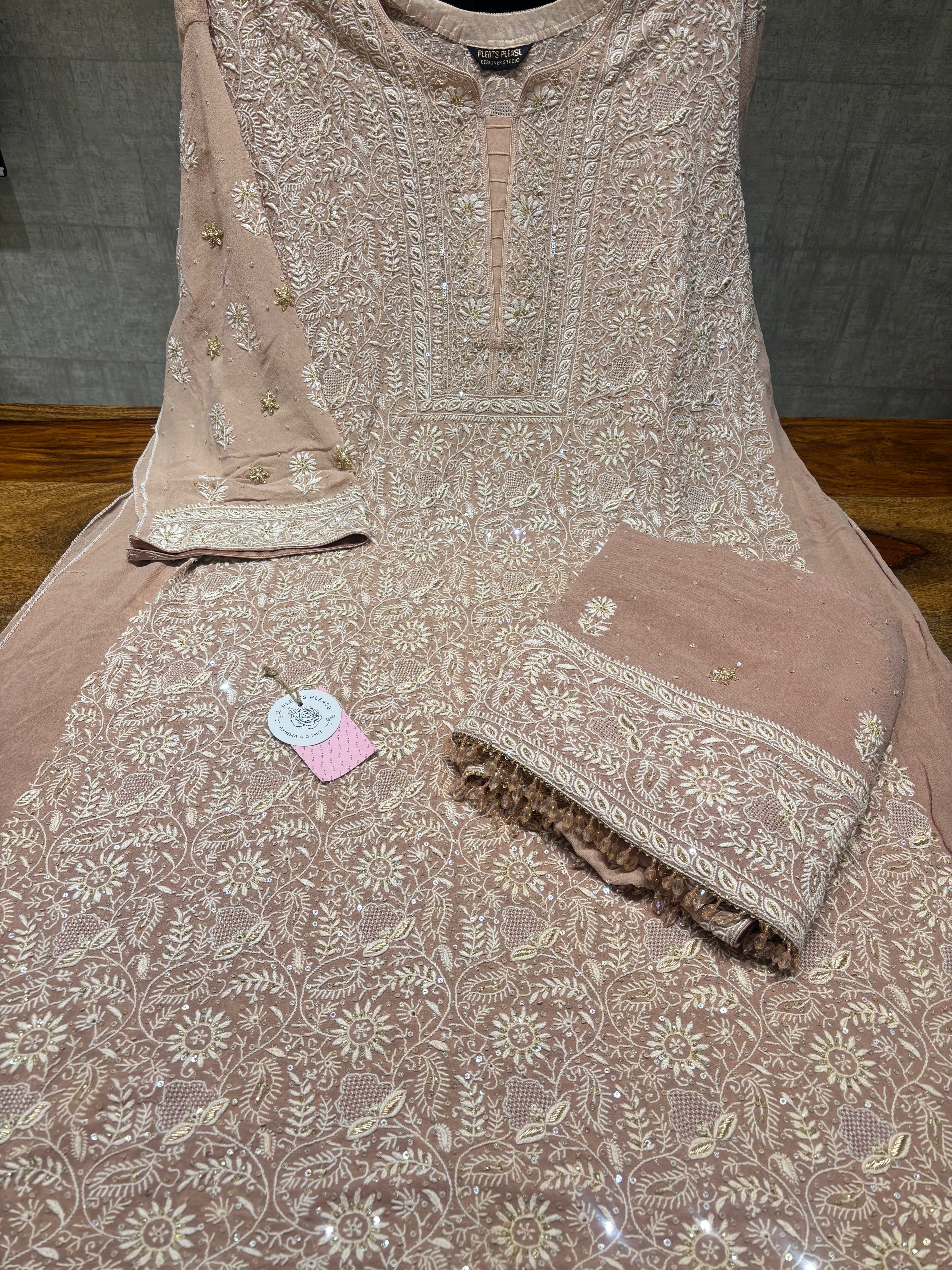 Dusty Rose Ombre Pure & Premium Georgette Kurta & Dupatta - Pleats PleaseChikankari