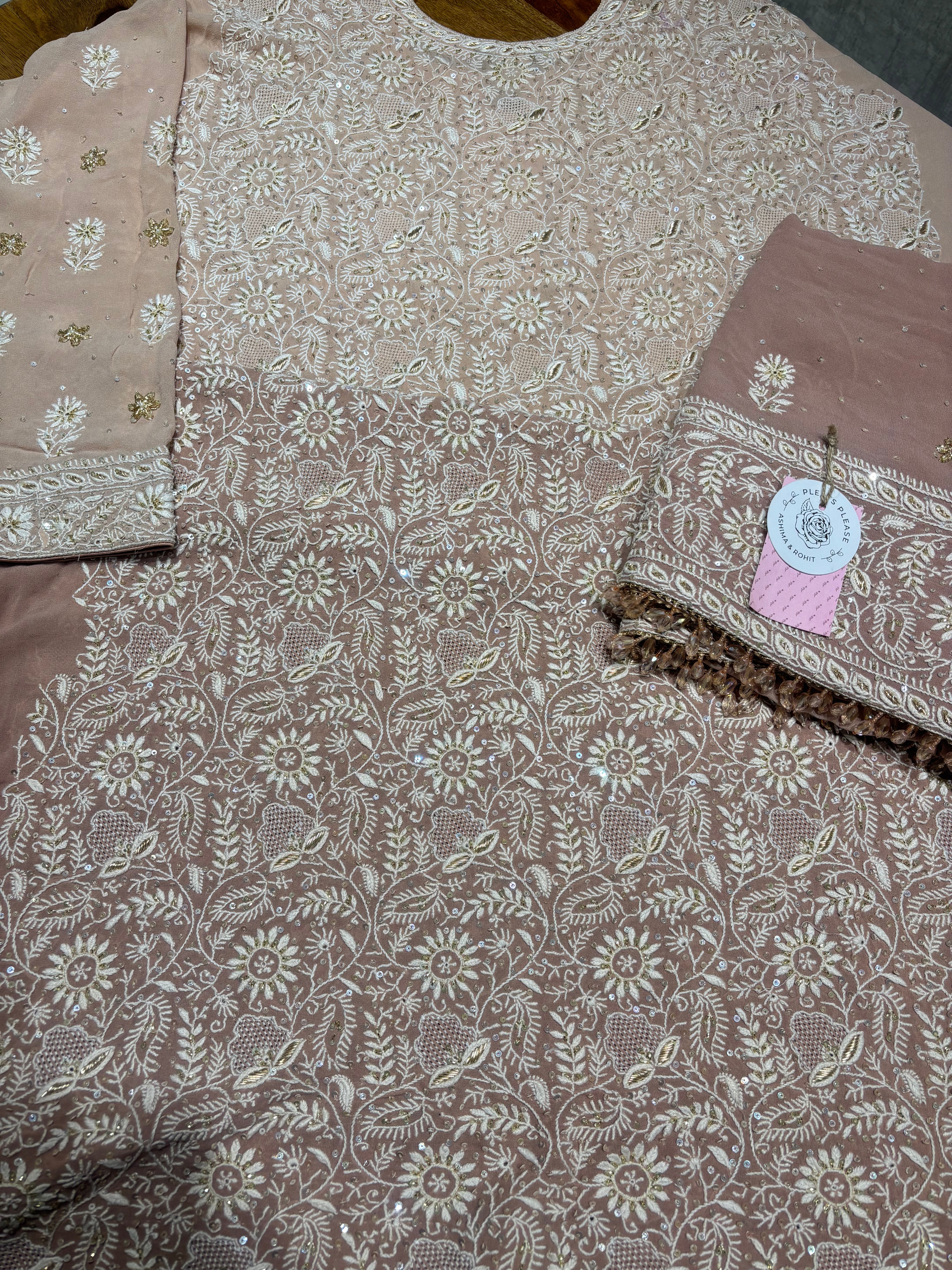 Dusty Rose Ombre Pure & Premium Georgette Kurta & Dupatta - Pleats PleaseChikankari