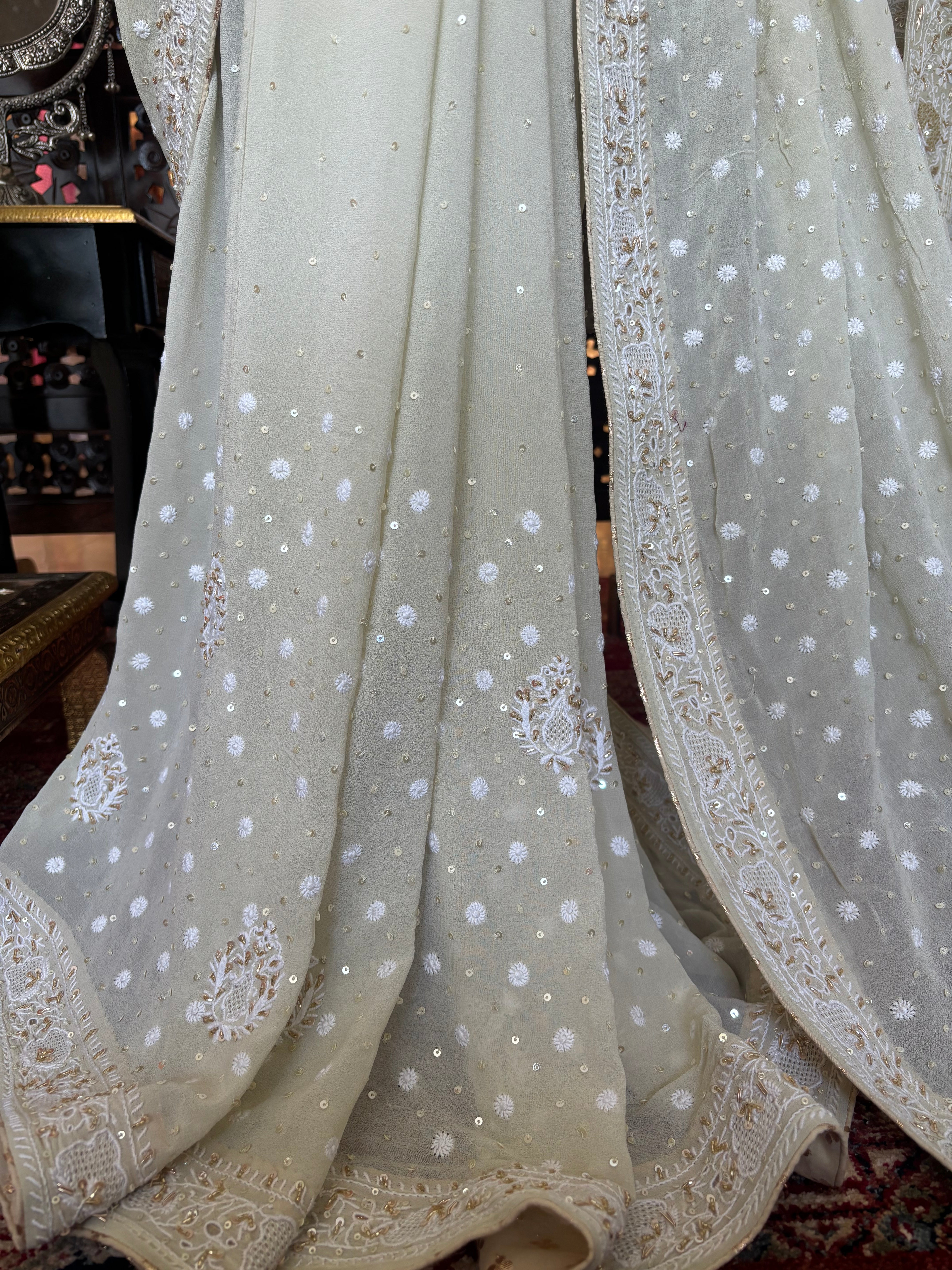 Cardamom Green Pure & Premium Georgette Chikankari Saree & Blouse