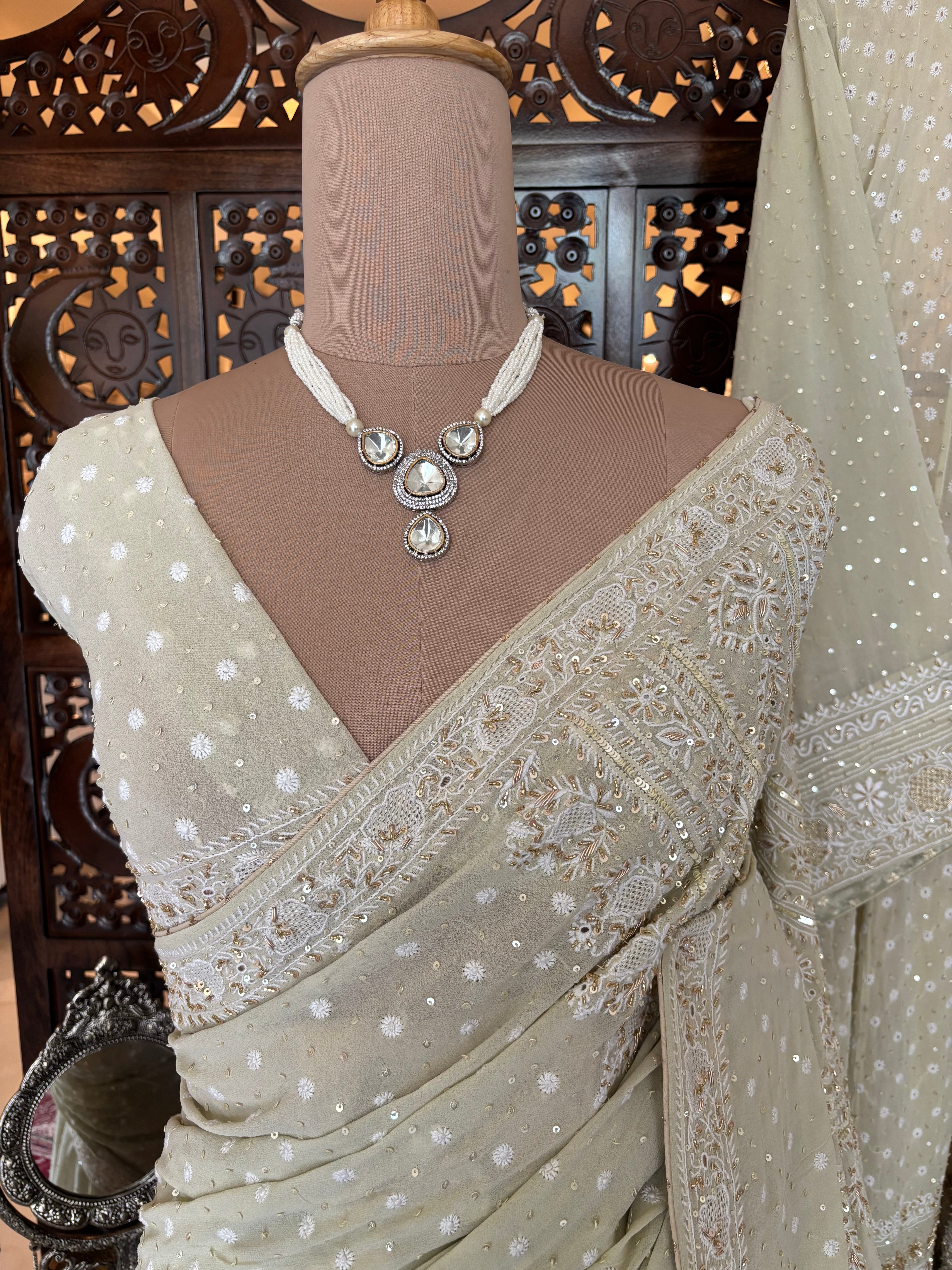 Cardamom Green Pure & Premium Georgette Chikankari Saree & Blouse