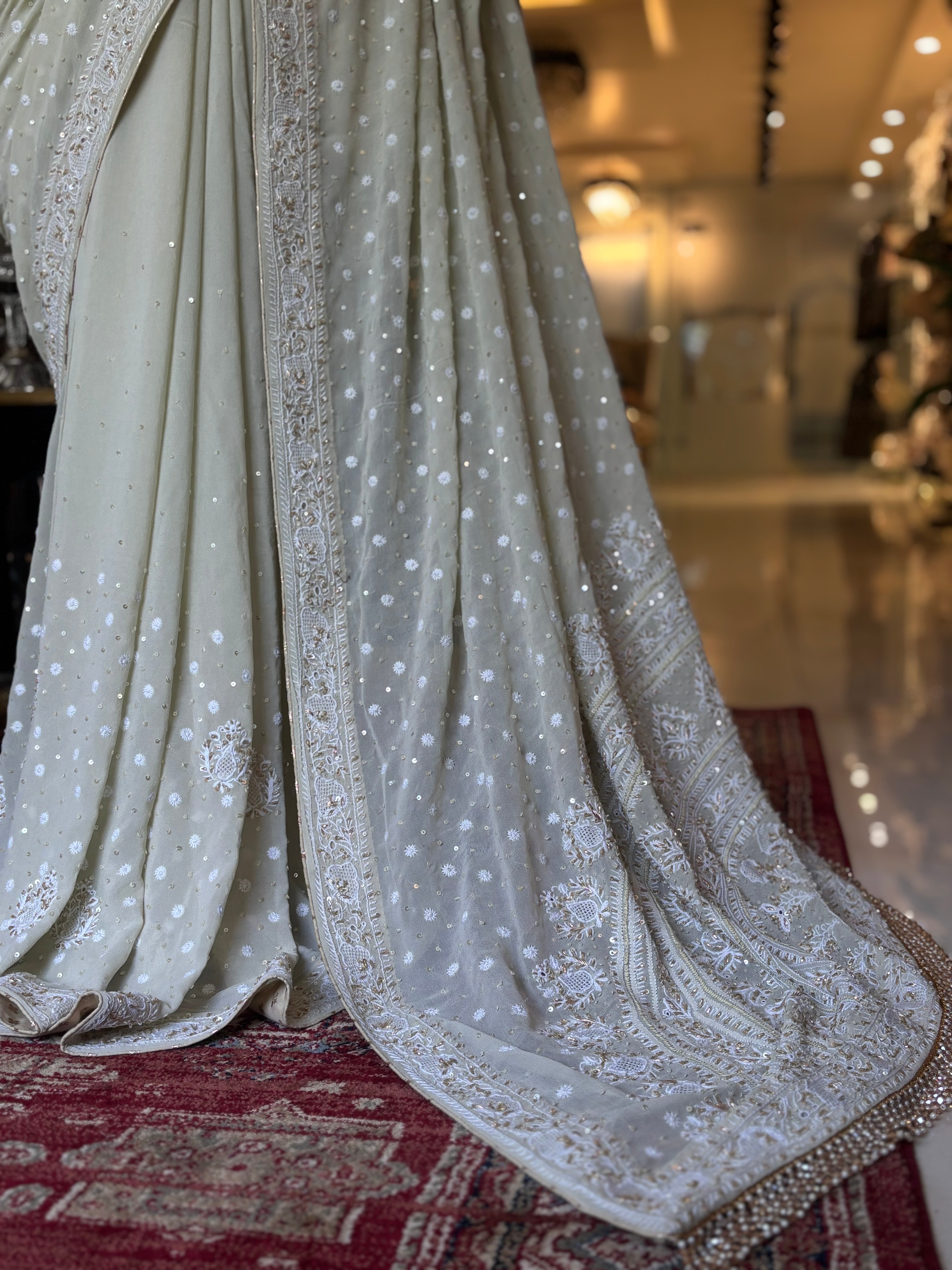 Cardamom Green Pure & Premium Georgette Chikankari Saree & Blouse