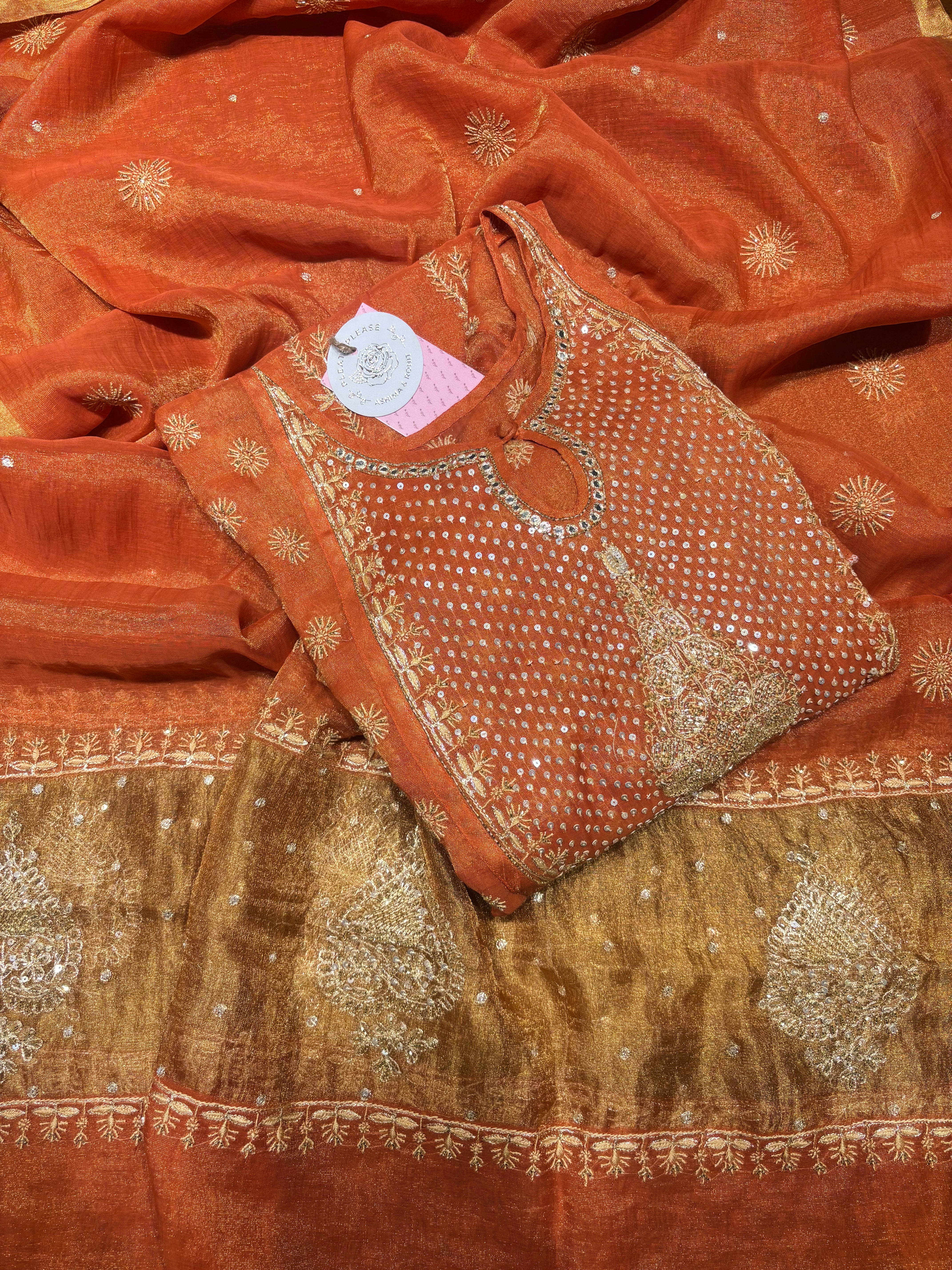 Burnt Orange Pure Tissue Bajirao Anarkali & Dupatta