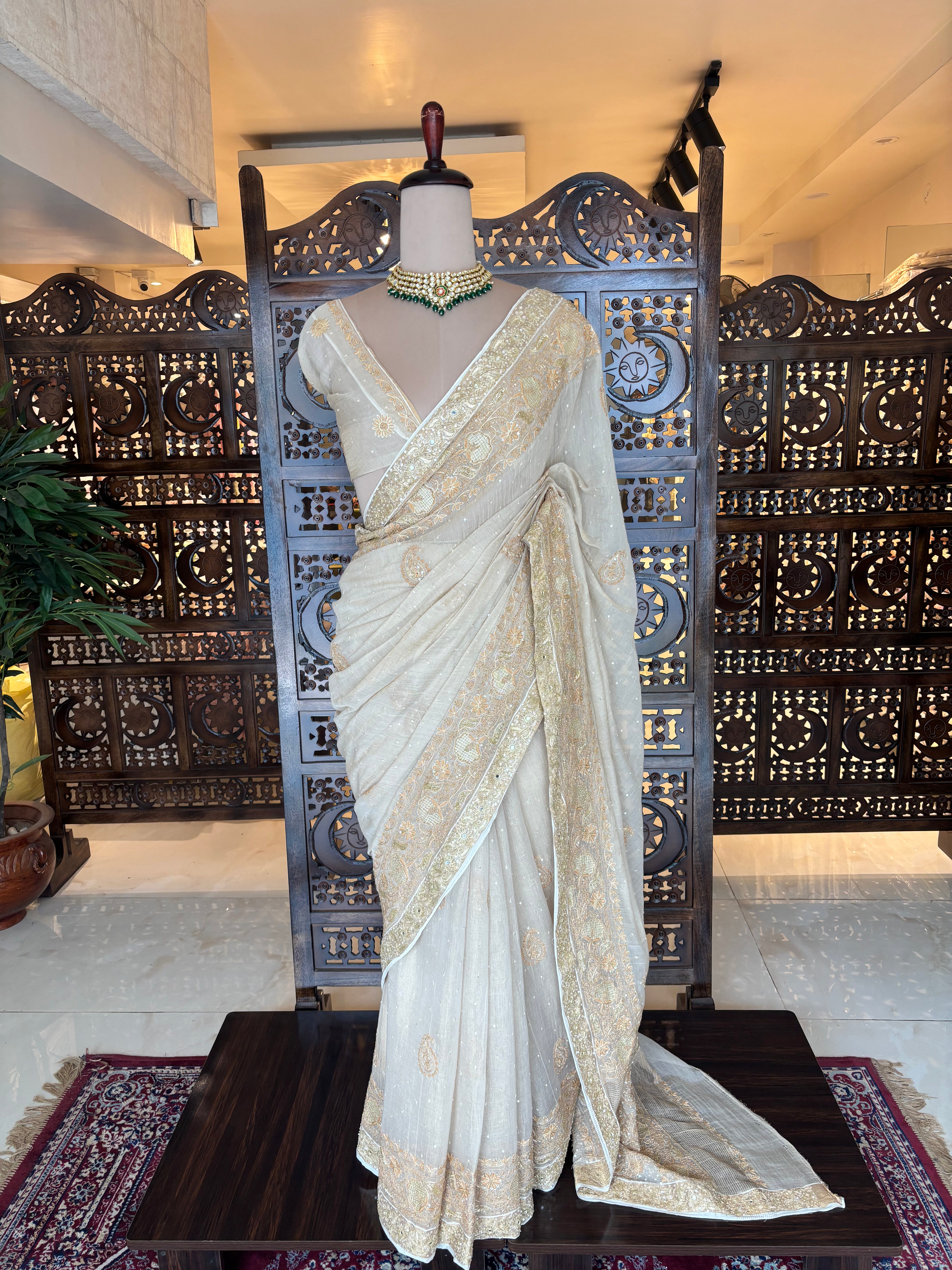Dyeable Gold Tissue Chikankari Saree
