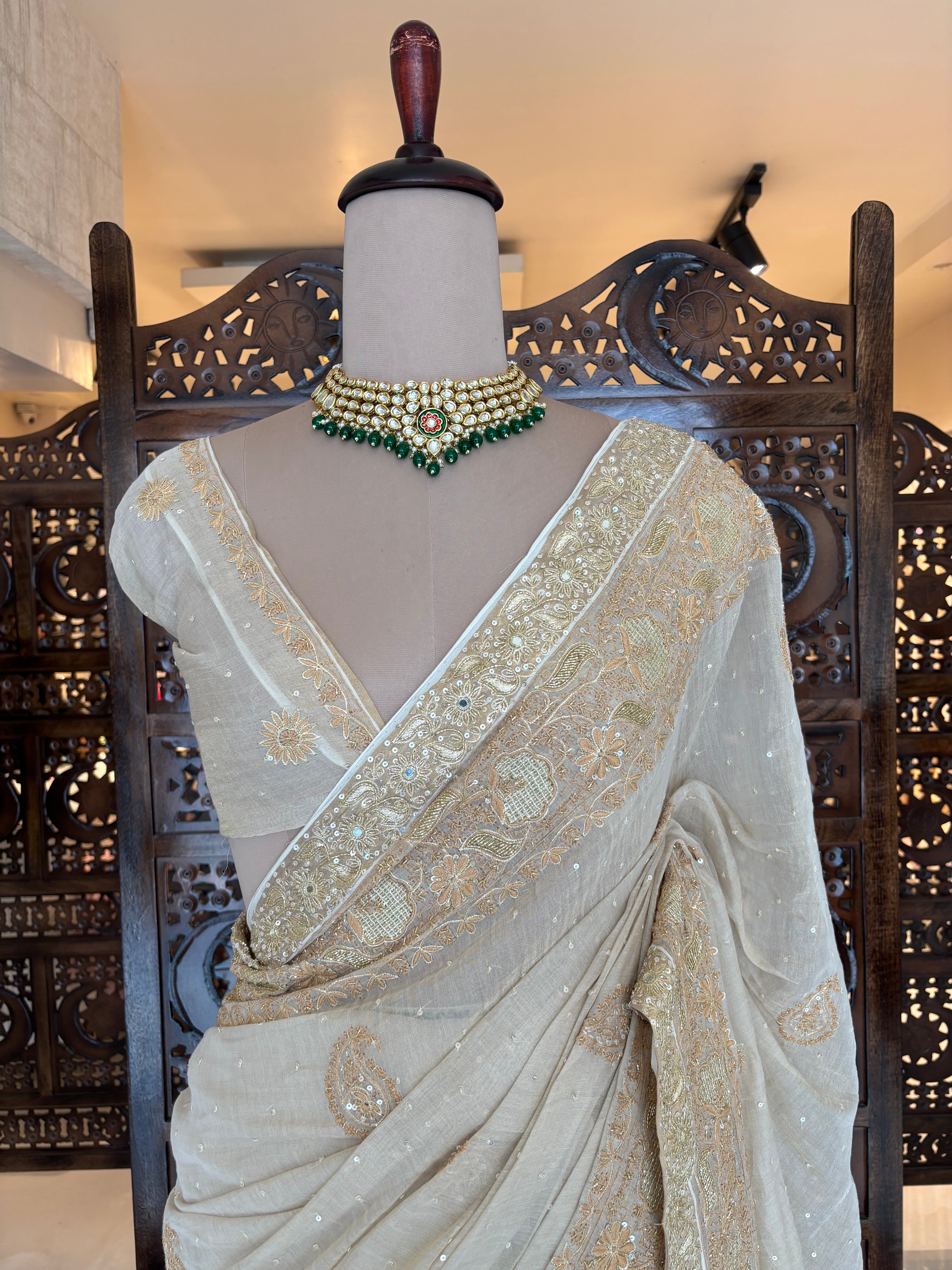 Dyeable Gold Tissue Chikankari Saree