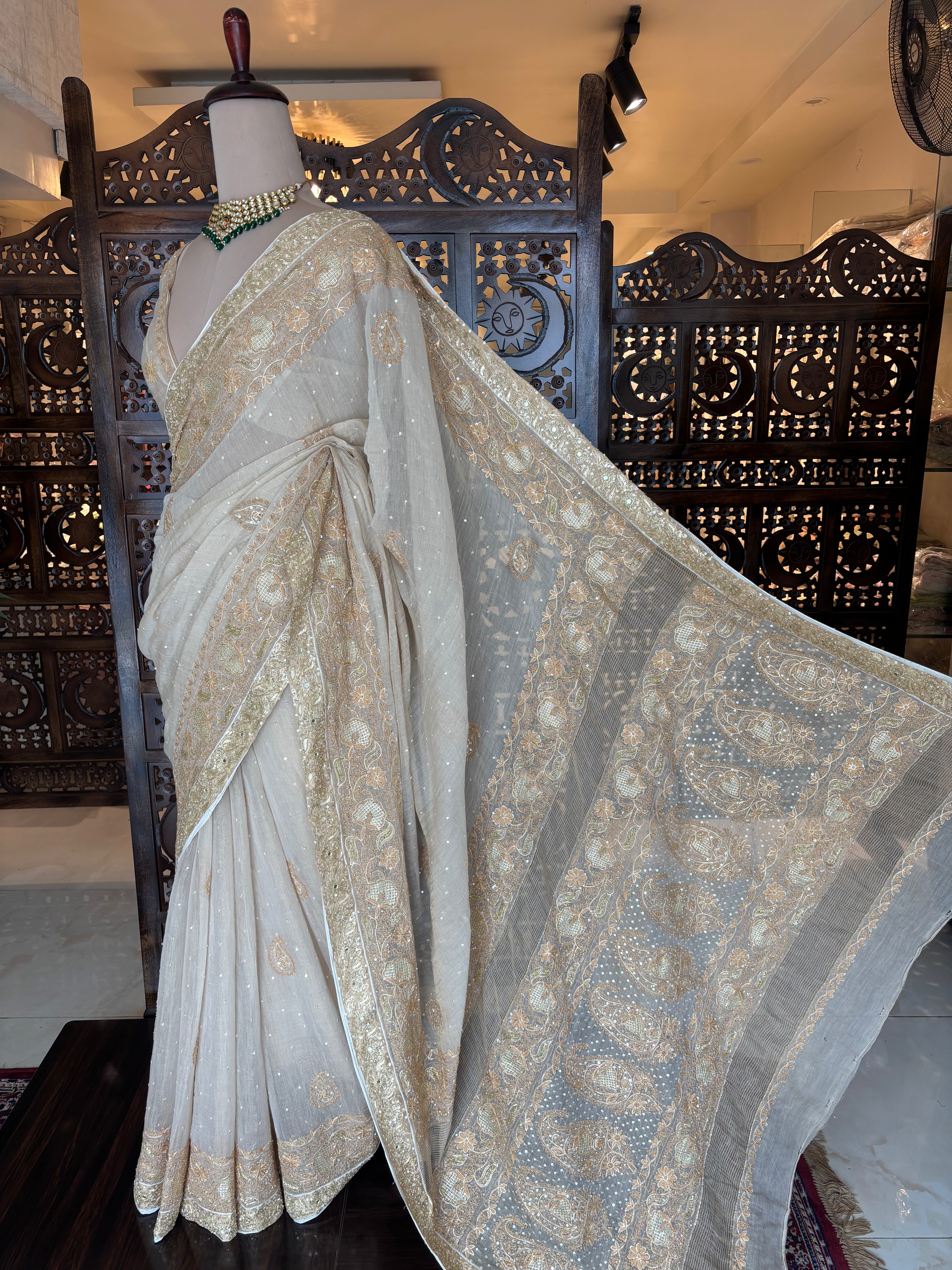 Dyeable Gold Tissue Chikankari Saree