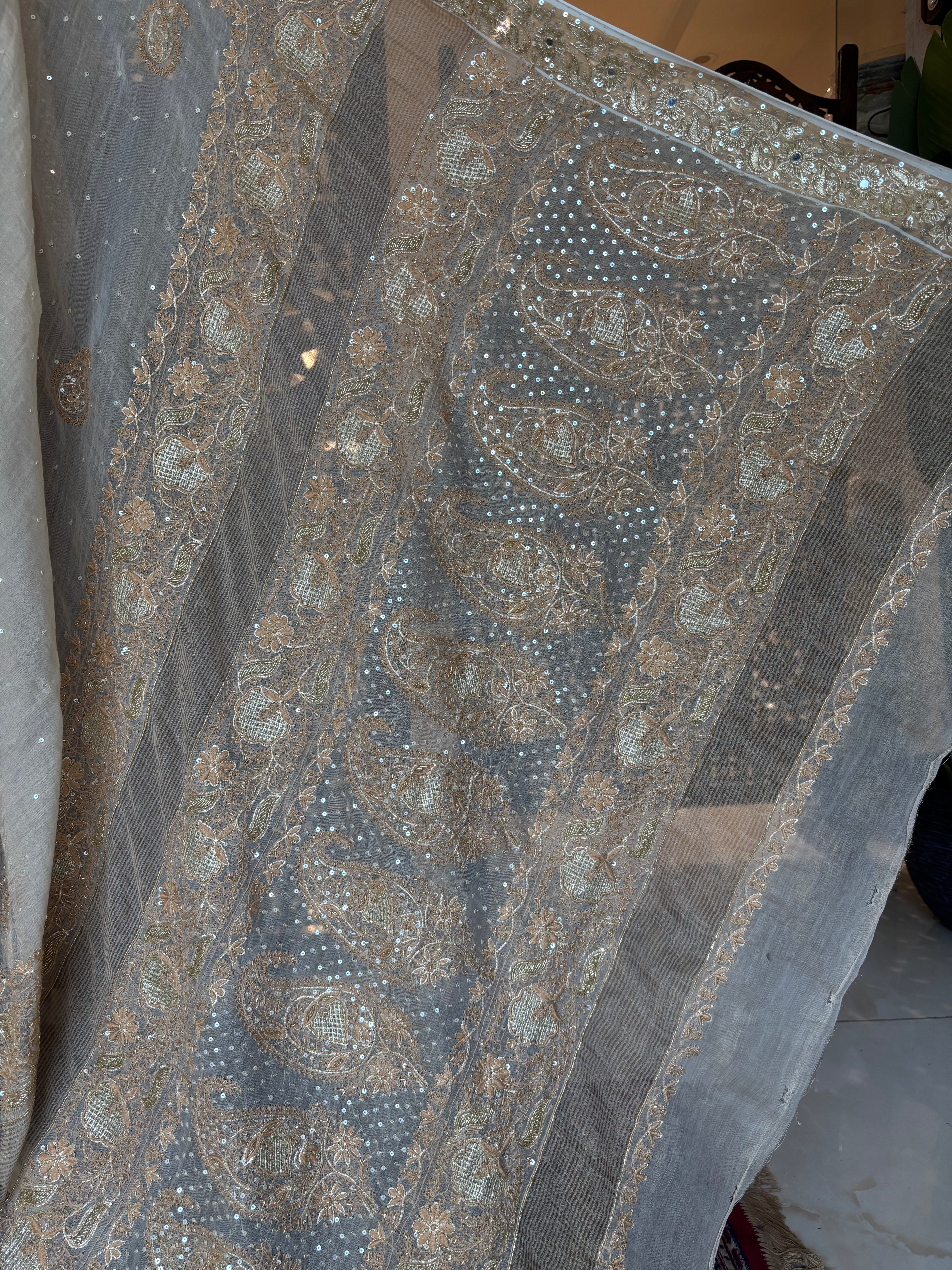 Dyeable Gold Tissue Chikankari Saree