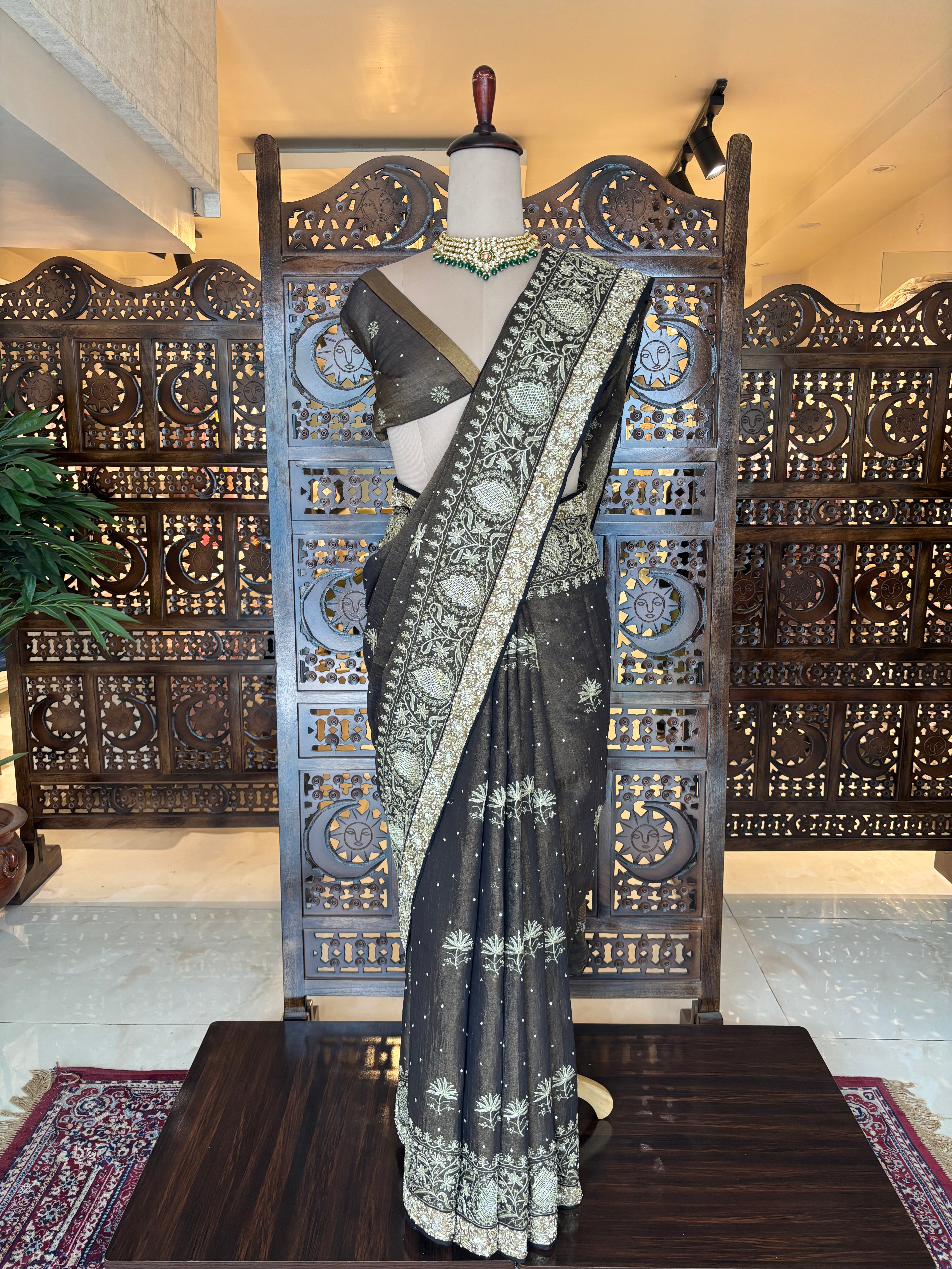 Black Tissue Chikankari Saree