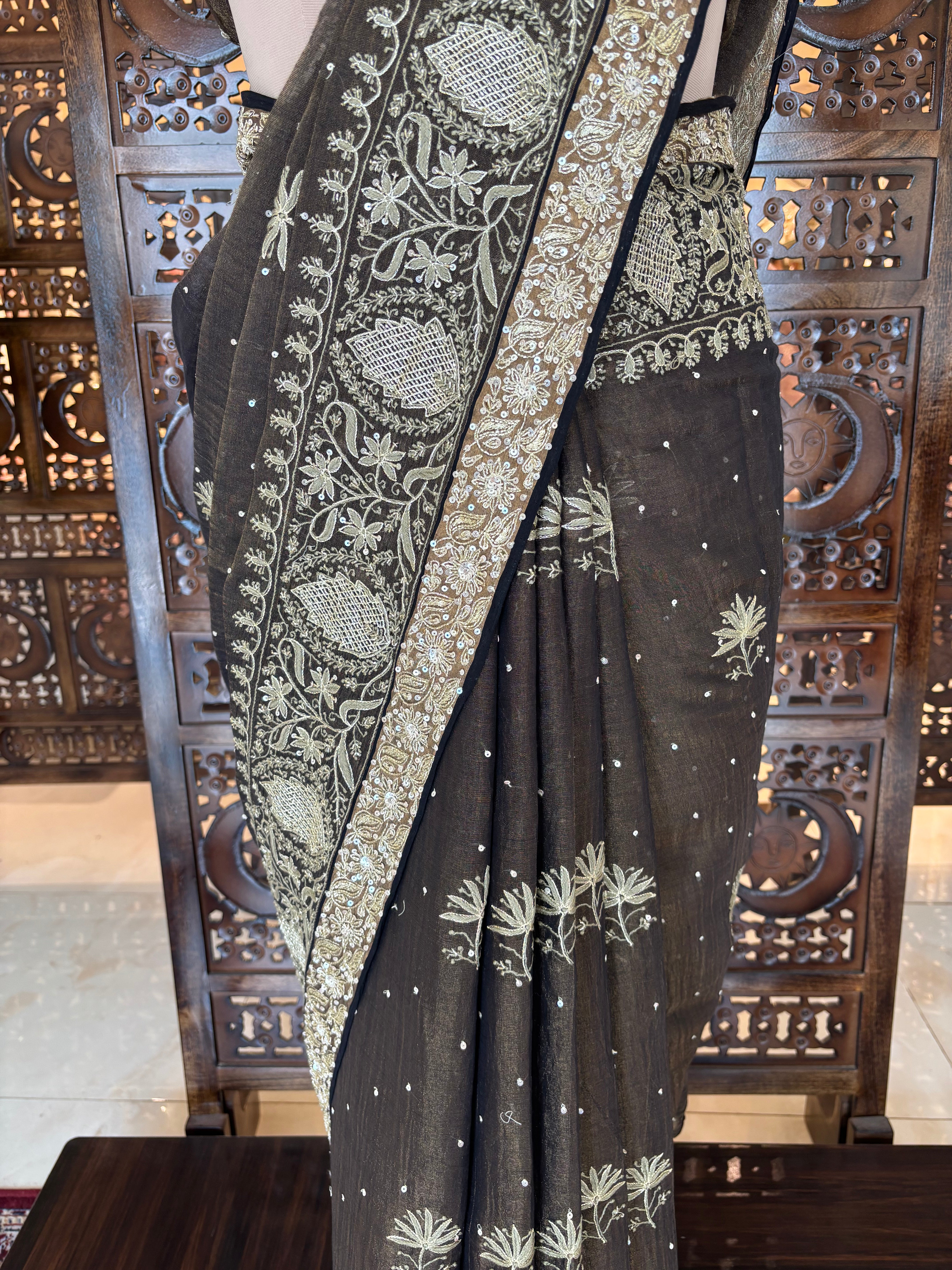 Black Tissue Chikankari Saree