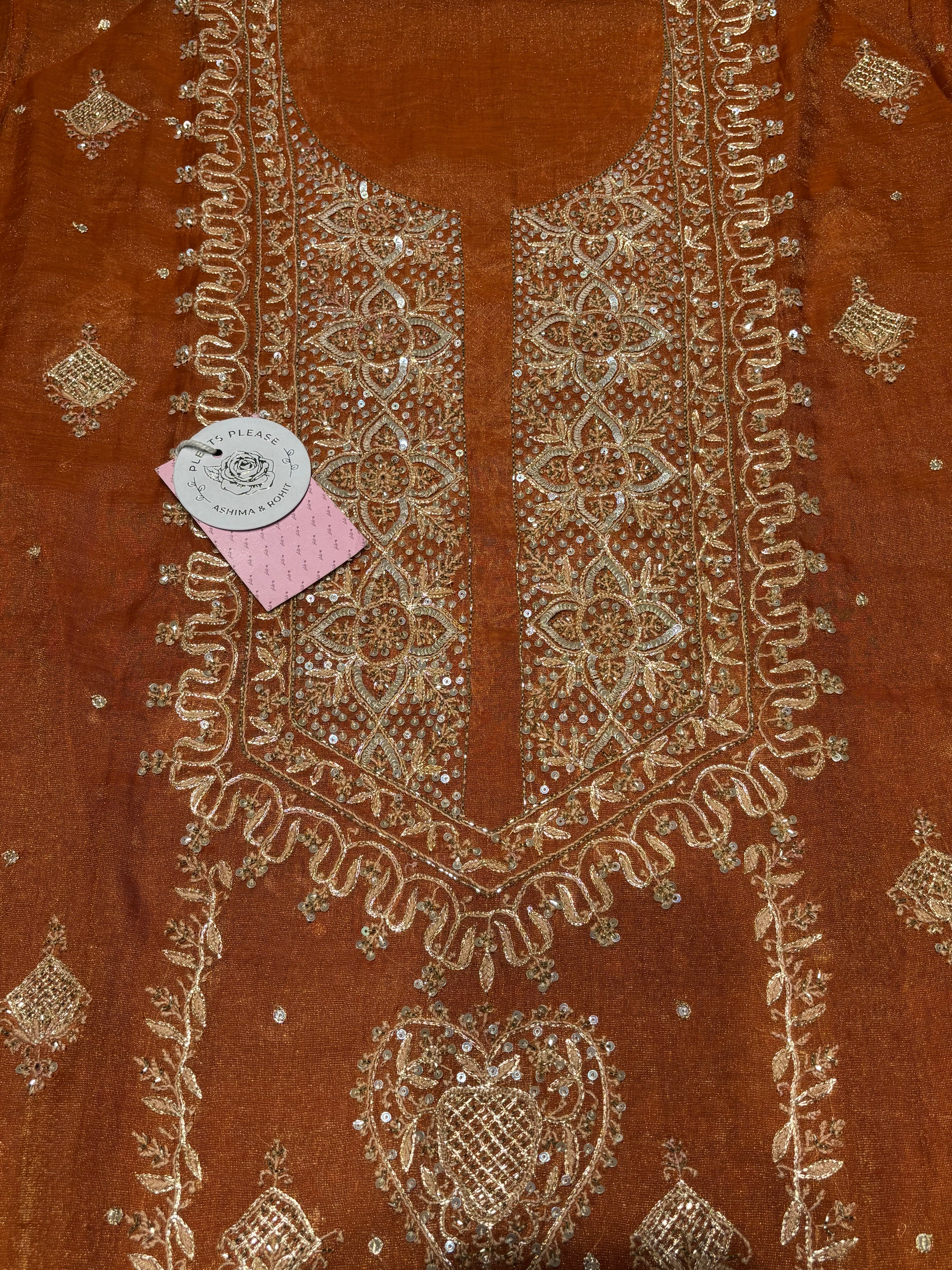 Burnt Orange Pure Tissue Chikankari Kurta & Dupatta