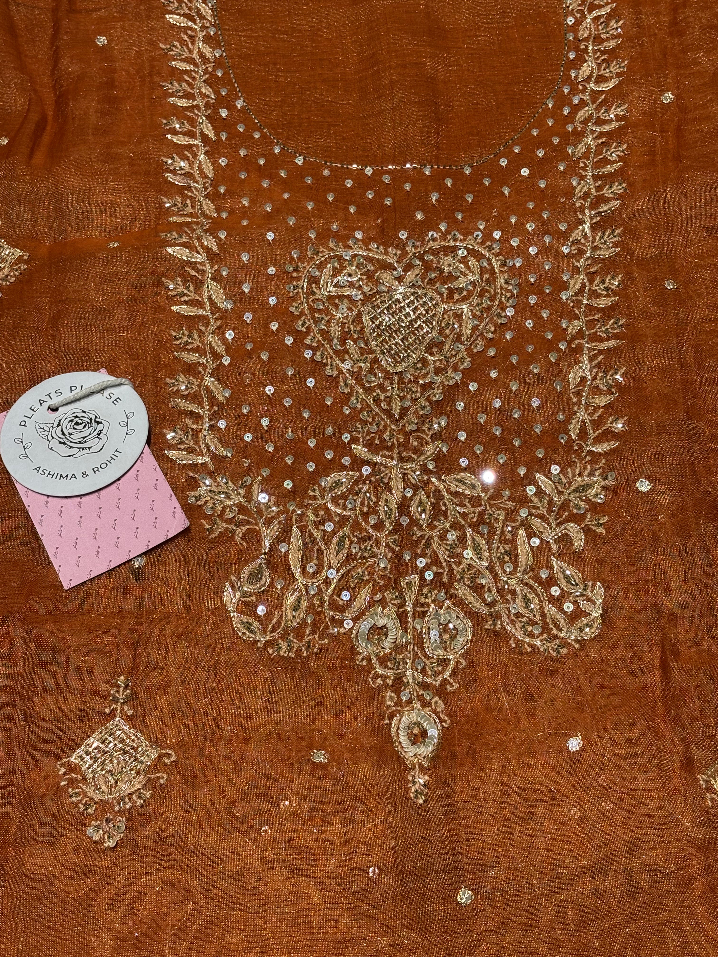 Burnt Orange Pure Tissue Chikankari Kurta & Dupatta