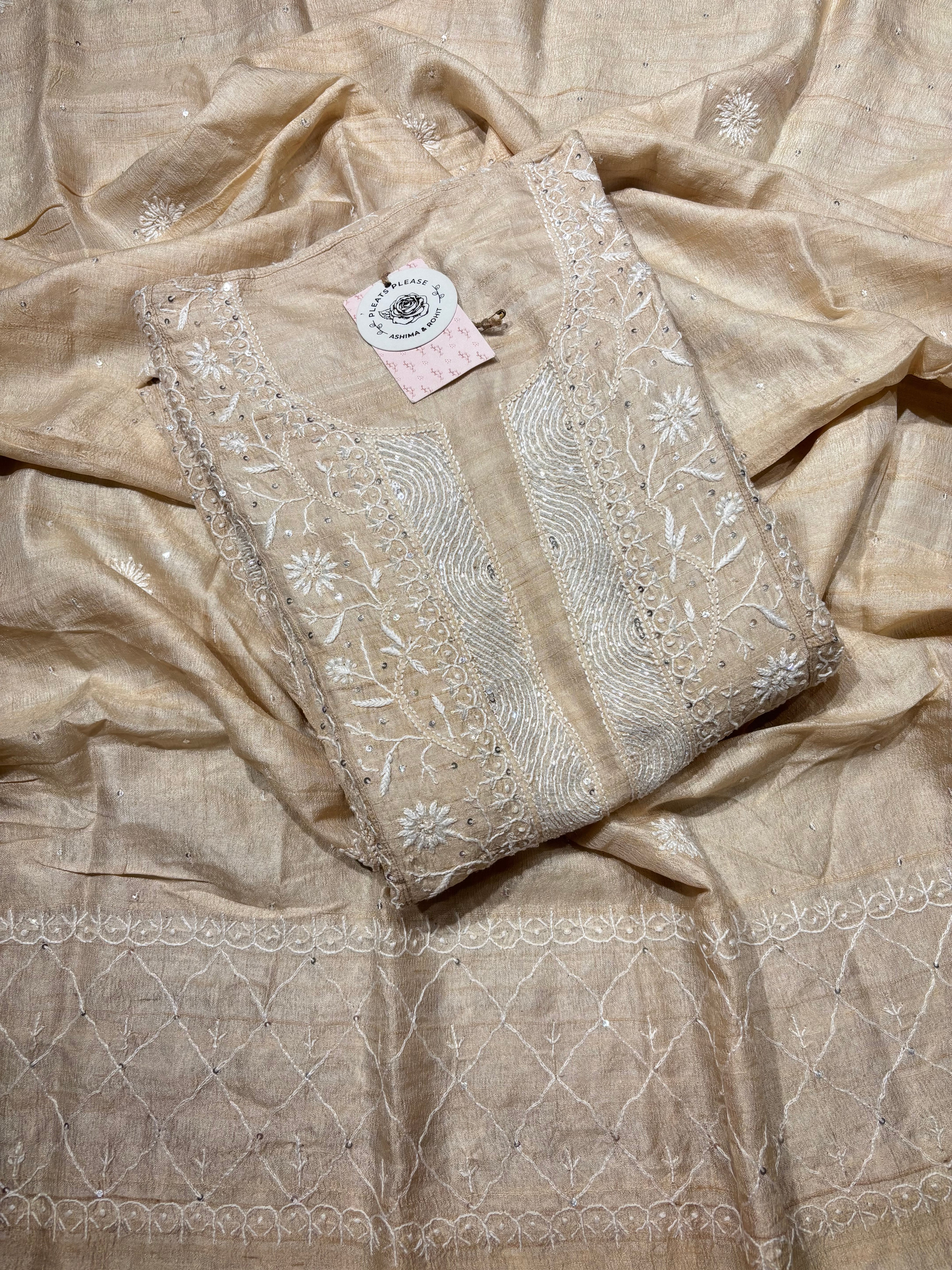 Dyeable Pure Tussar Silk Chikankari Anarkali & Dupatta Set