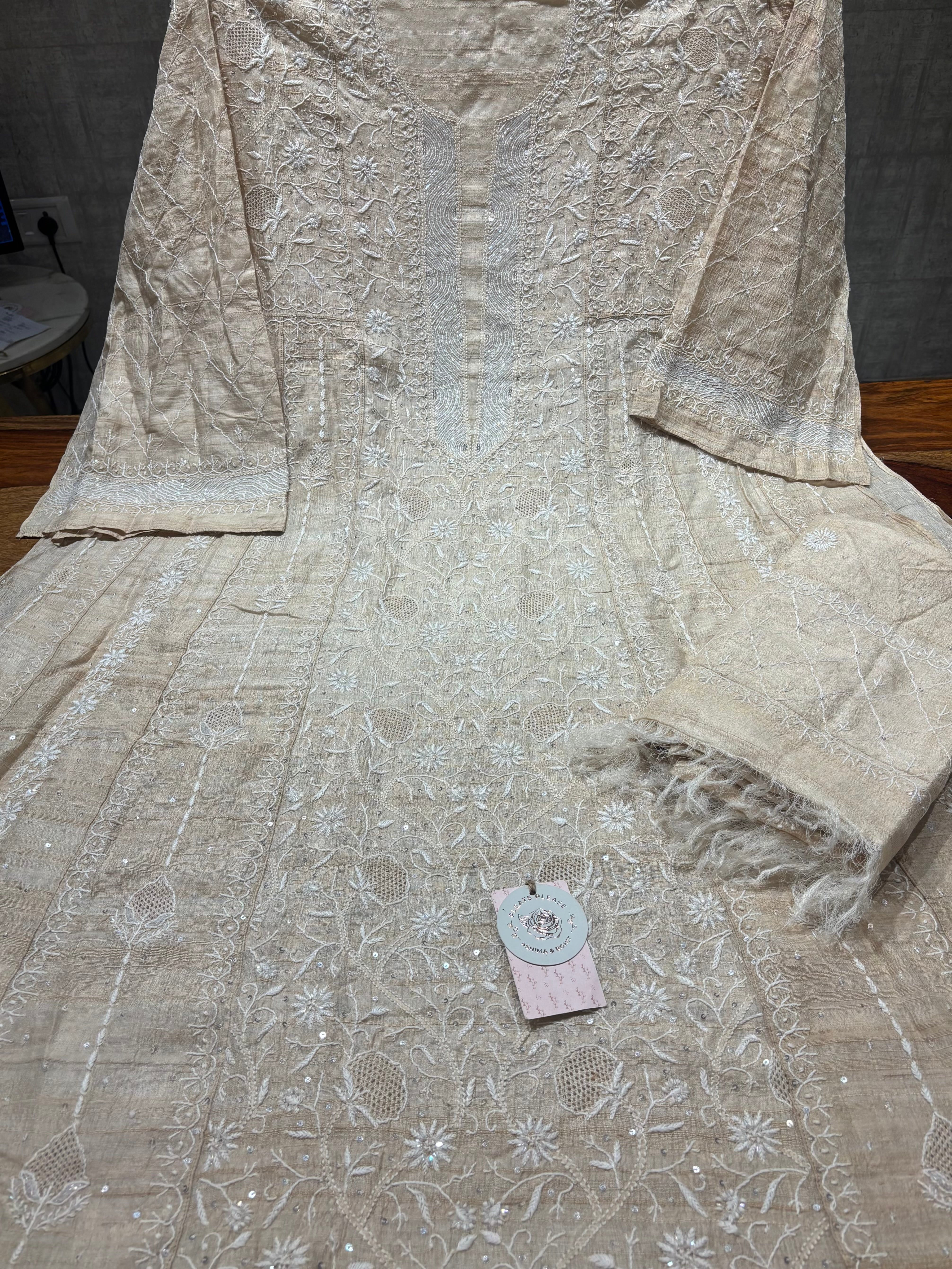 Dyeable Pure Tussar Silk Chikankari Anarkali & Dupatta Set