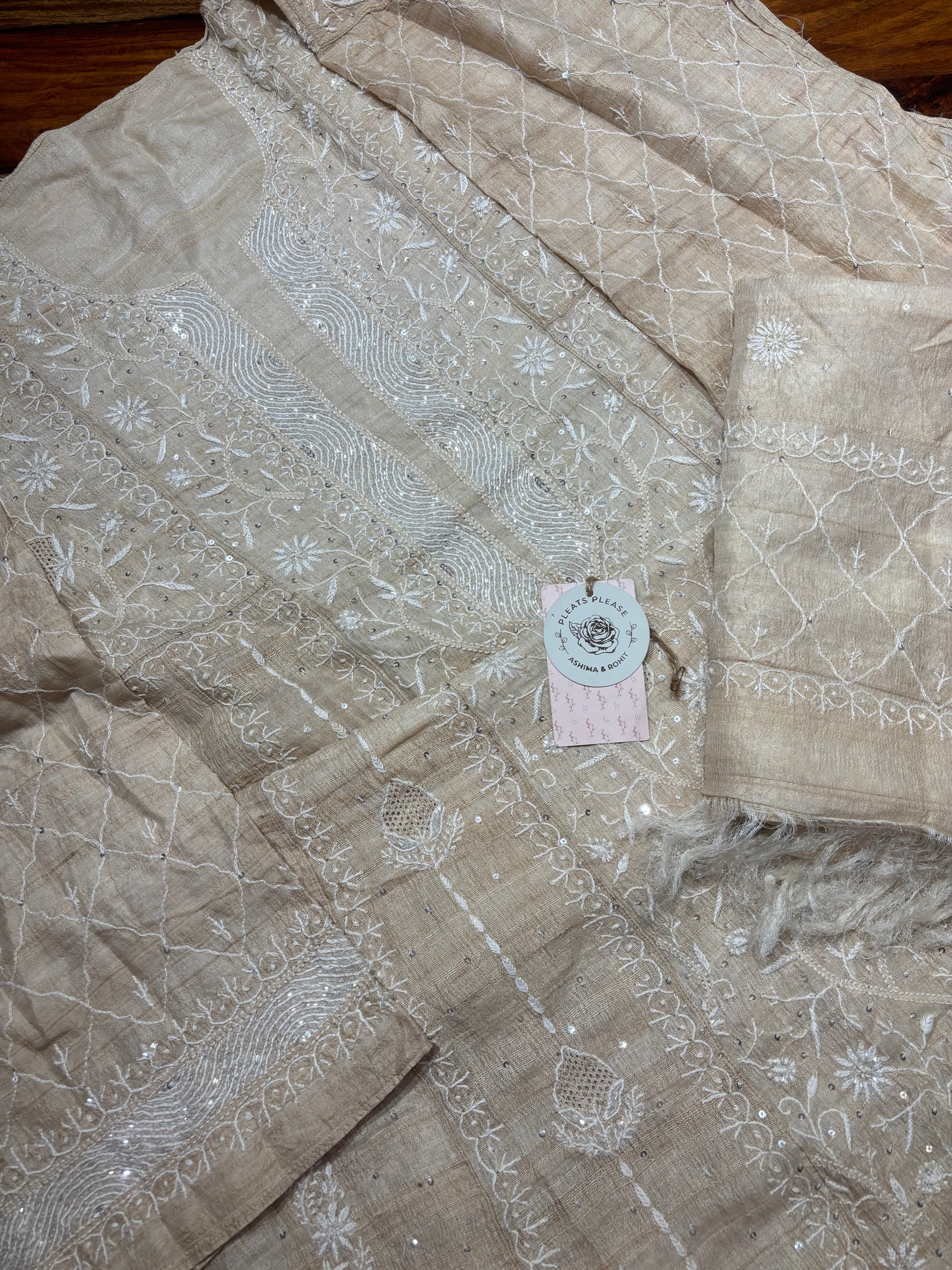 Dyeable Pure Tussar Silk Chikankari Anarkali & Dupatta Set