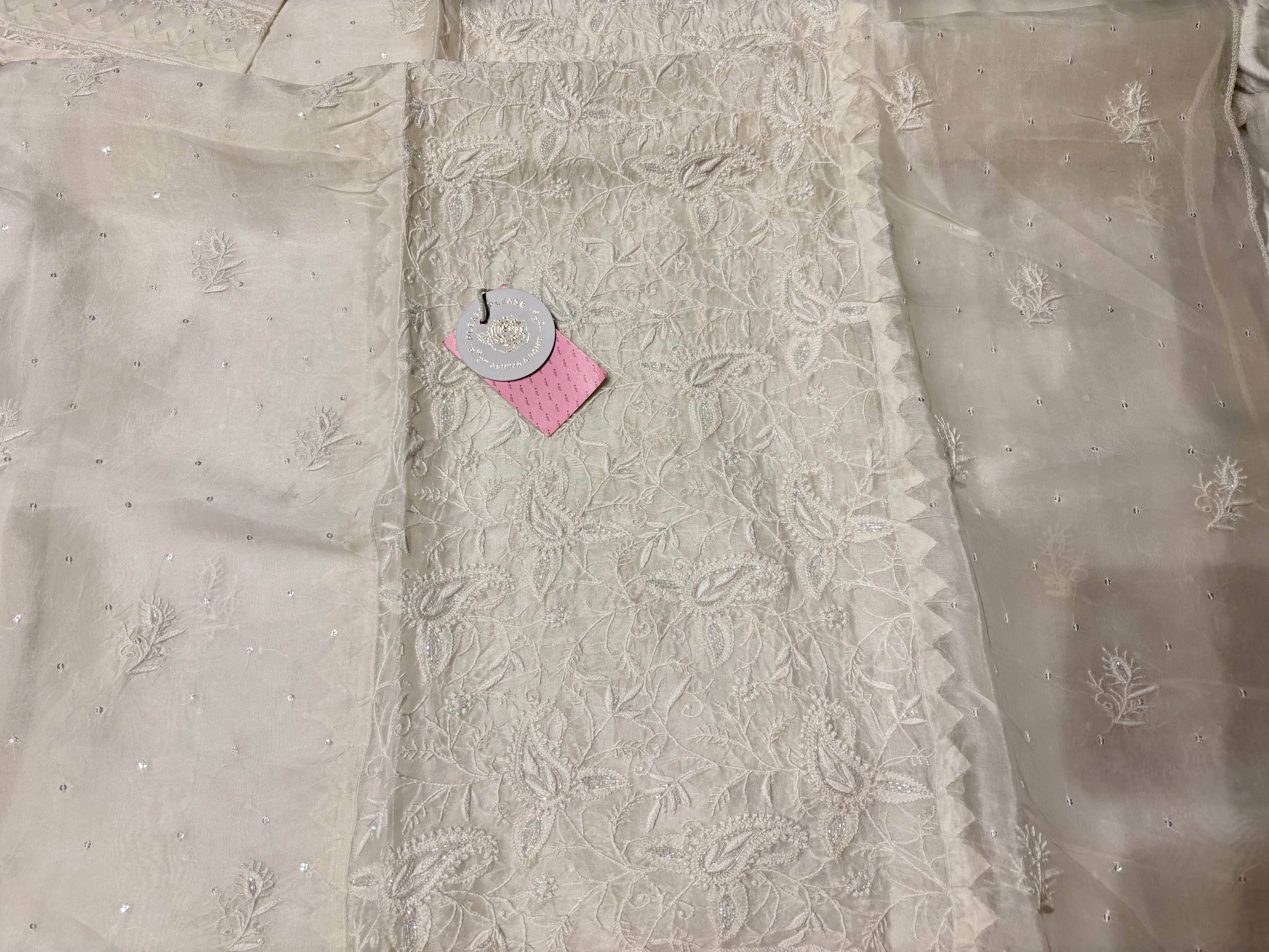 Dyeable White Pure Organza Silk Kurta & Dupatta - Pleats PleaseChikankari
