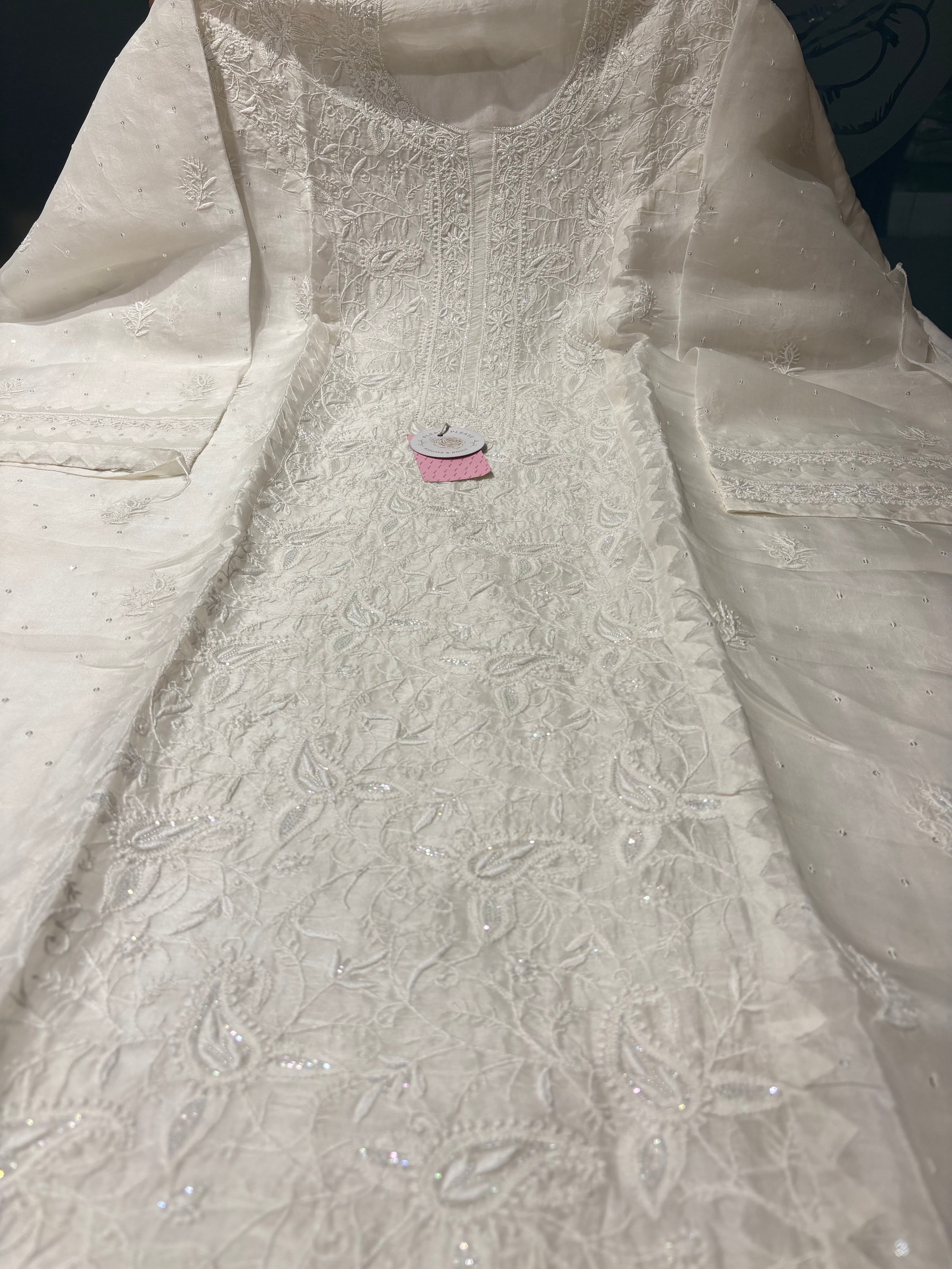 Dyeable White Pure Organza Silk Kurta & Dupatta - Pleats PleaseChikankari