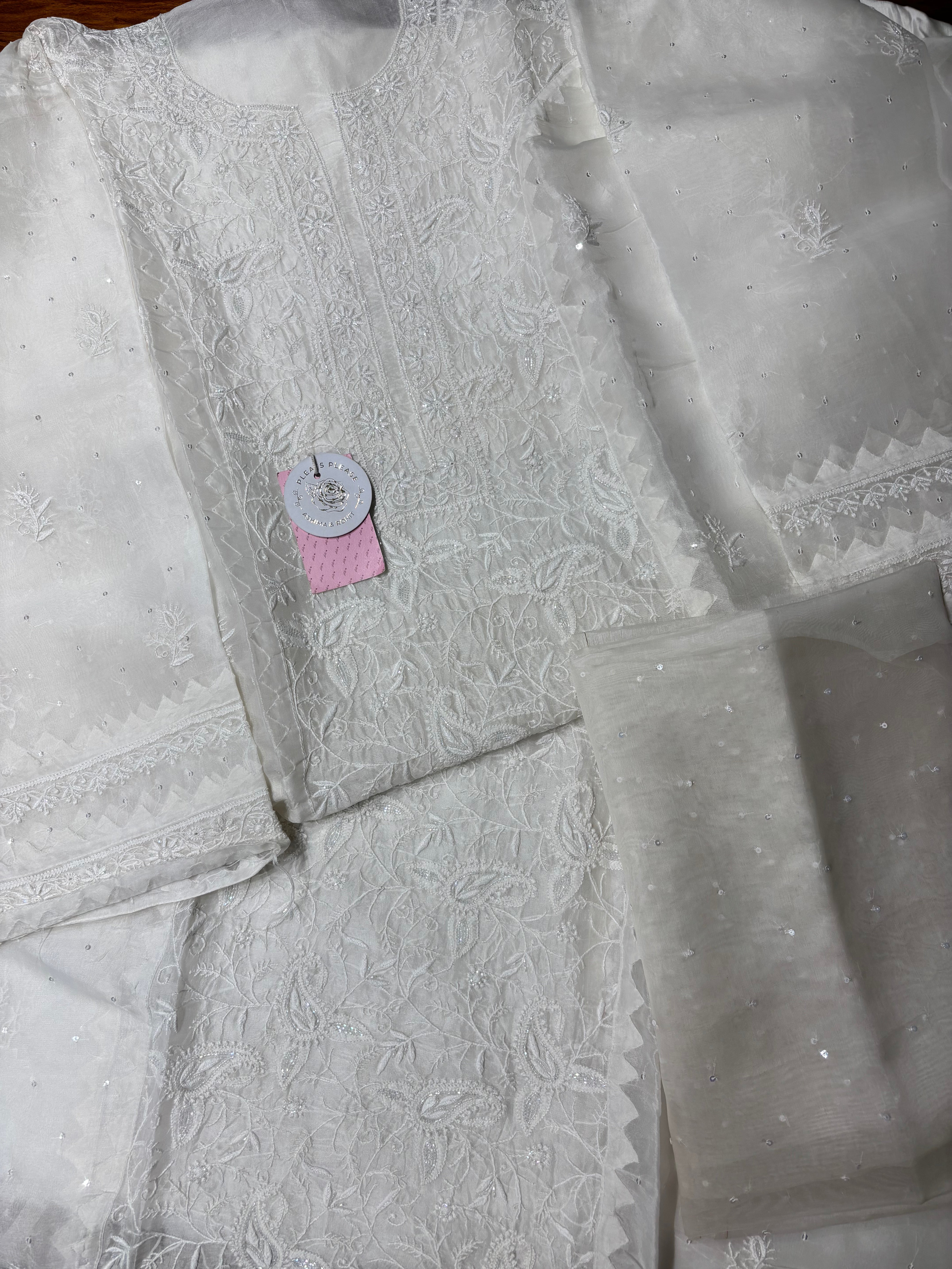 Dyeable White Pure Organza Silk Kurta & Dupatta - Pleats PleaseChikankari