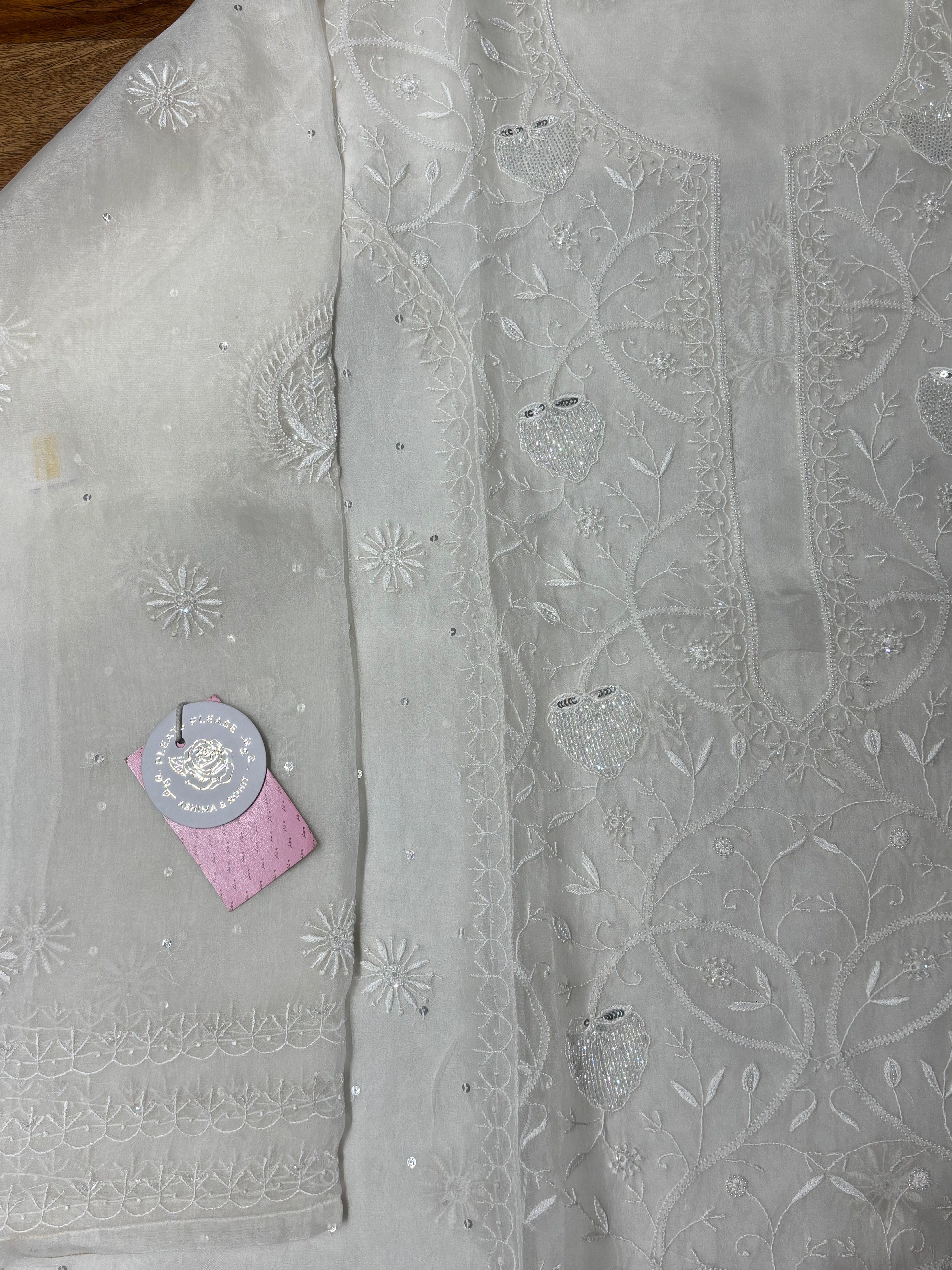 Dyeable White Pure Organza Silk Kurta & Dupatta - Pleats PleaseChikankari