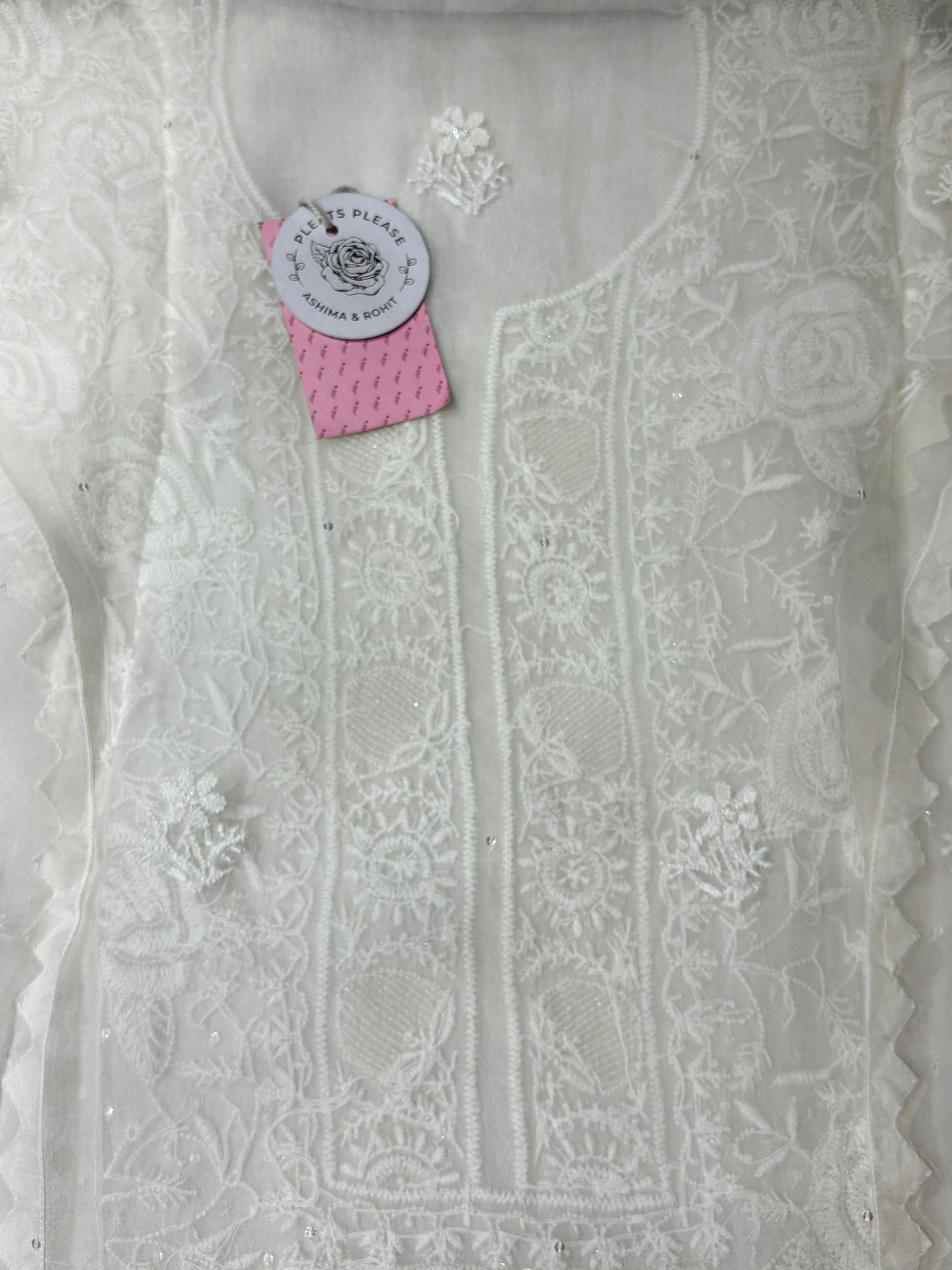 Dyeable White Pure Organza Silk Kurta - Pleats PleaseChikankari