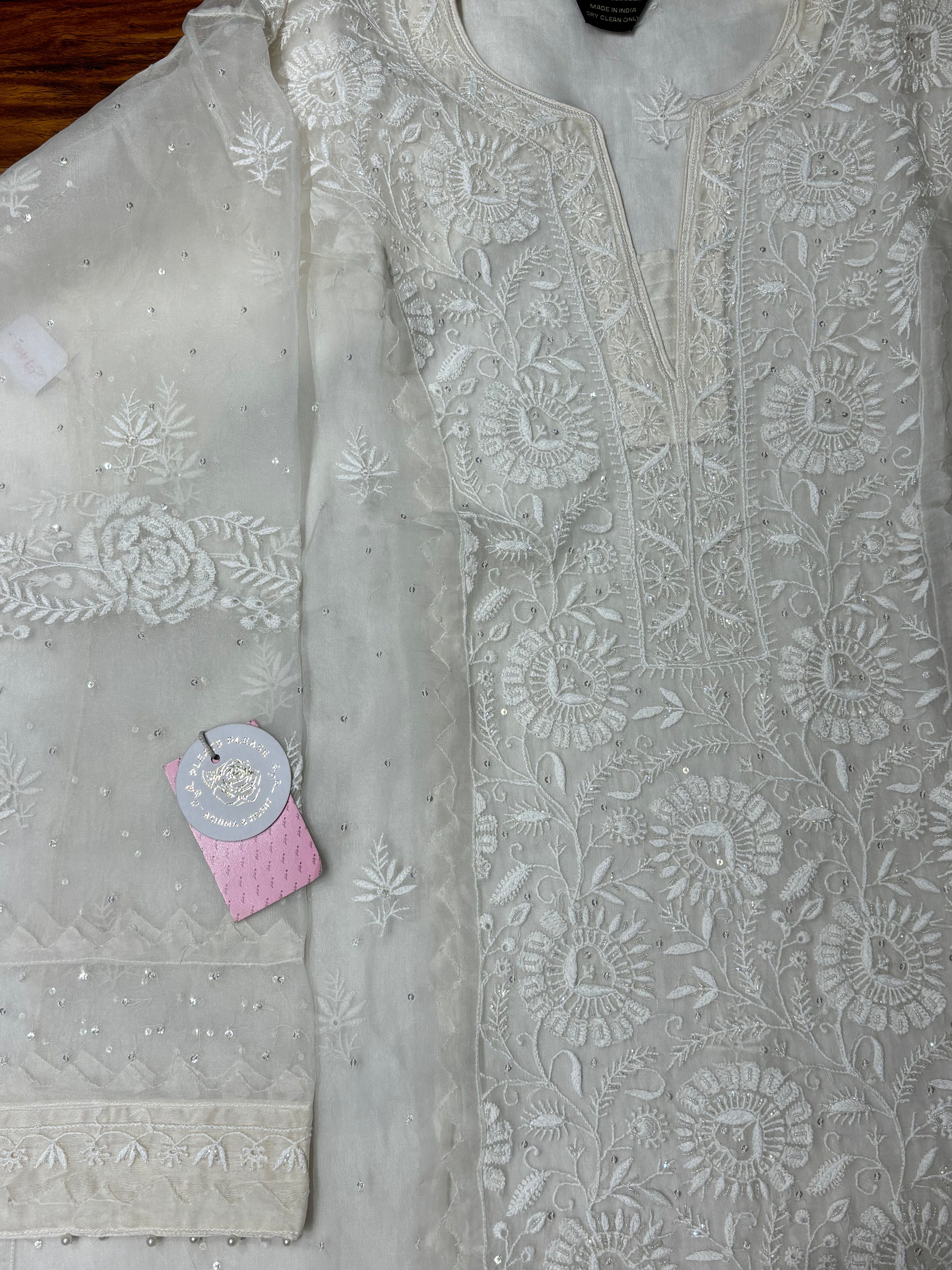 Dyeable White Pure Organza Silk Kurta & Dupatta - Pleats PleaseChikankari