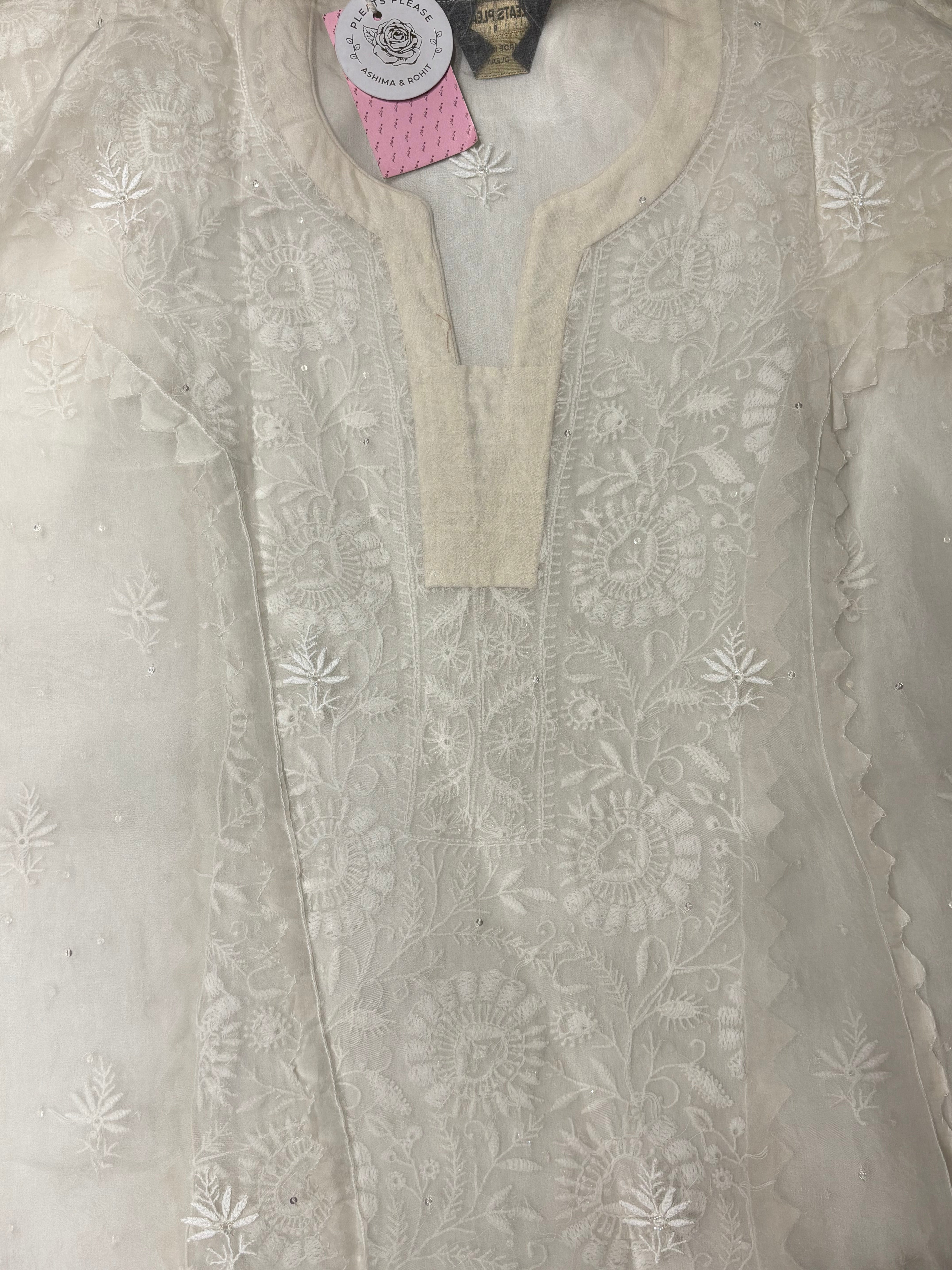 Dyeable White Pure Organza Silk Kurta & Dupatta - Pleats PleaseChikankari