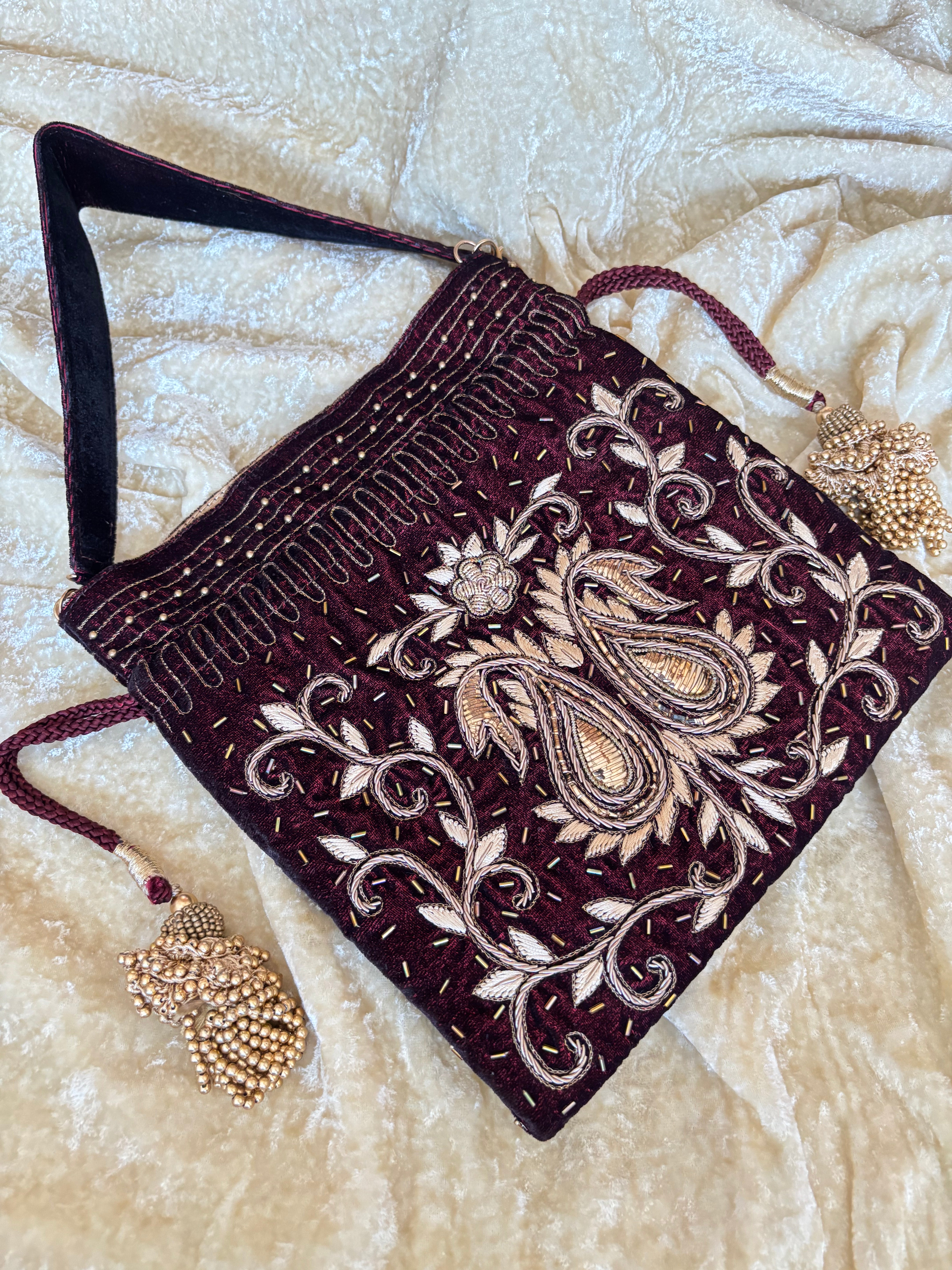 Maroon Velvet Zardozi & Mukaish Potli