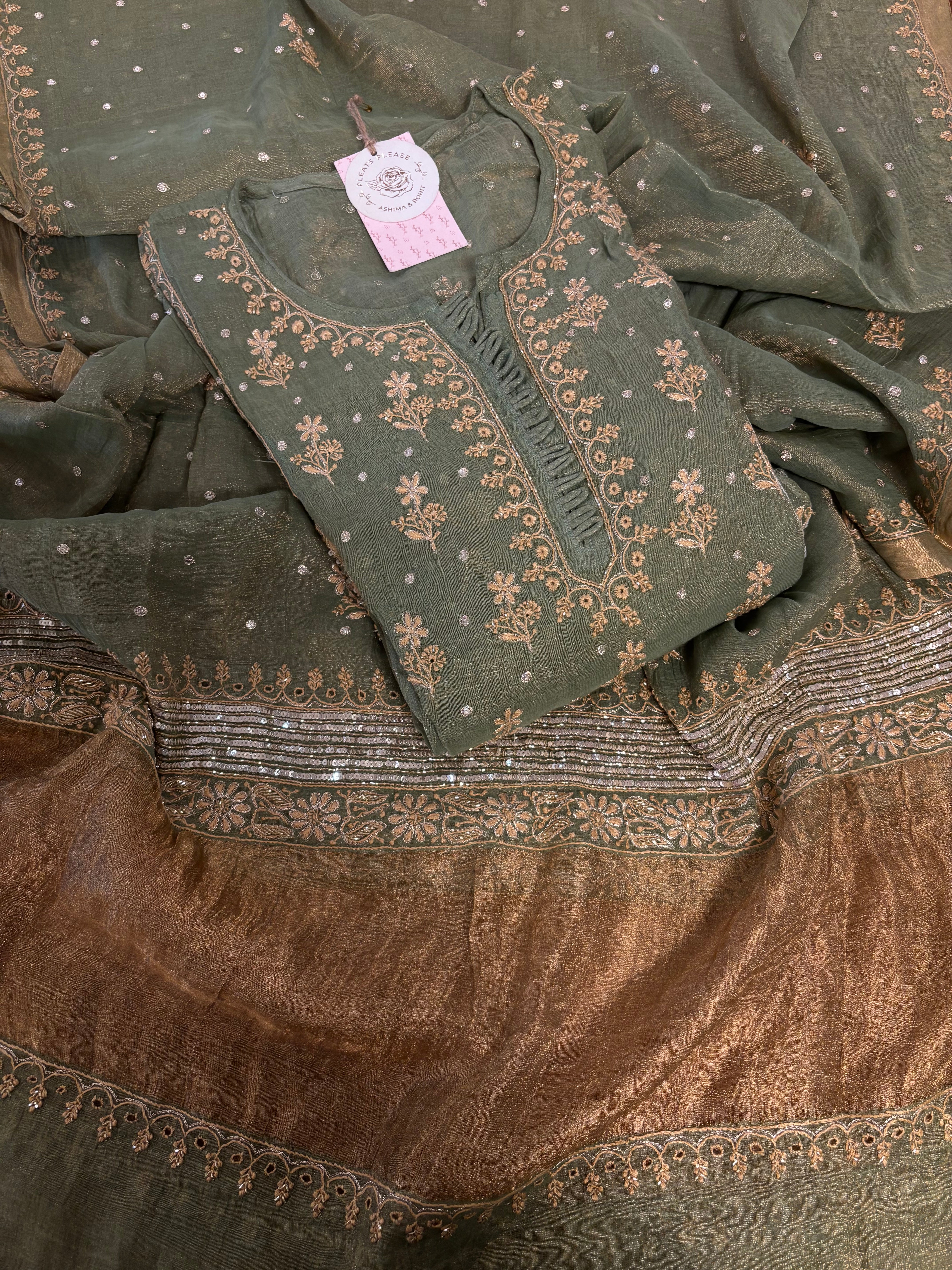 Green Pure & Premium Tissue Chikankari Anarkali & Dupatta Set