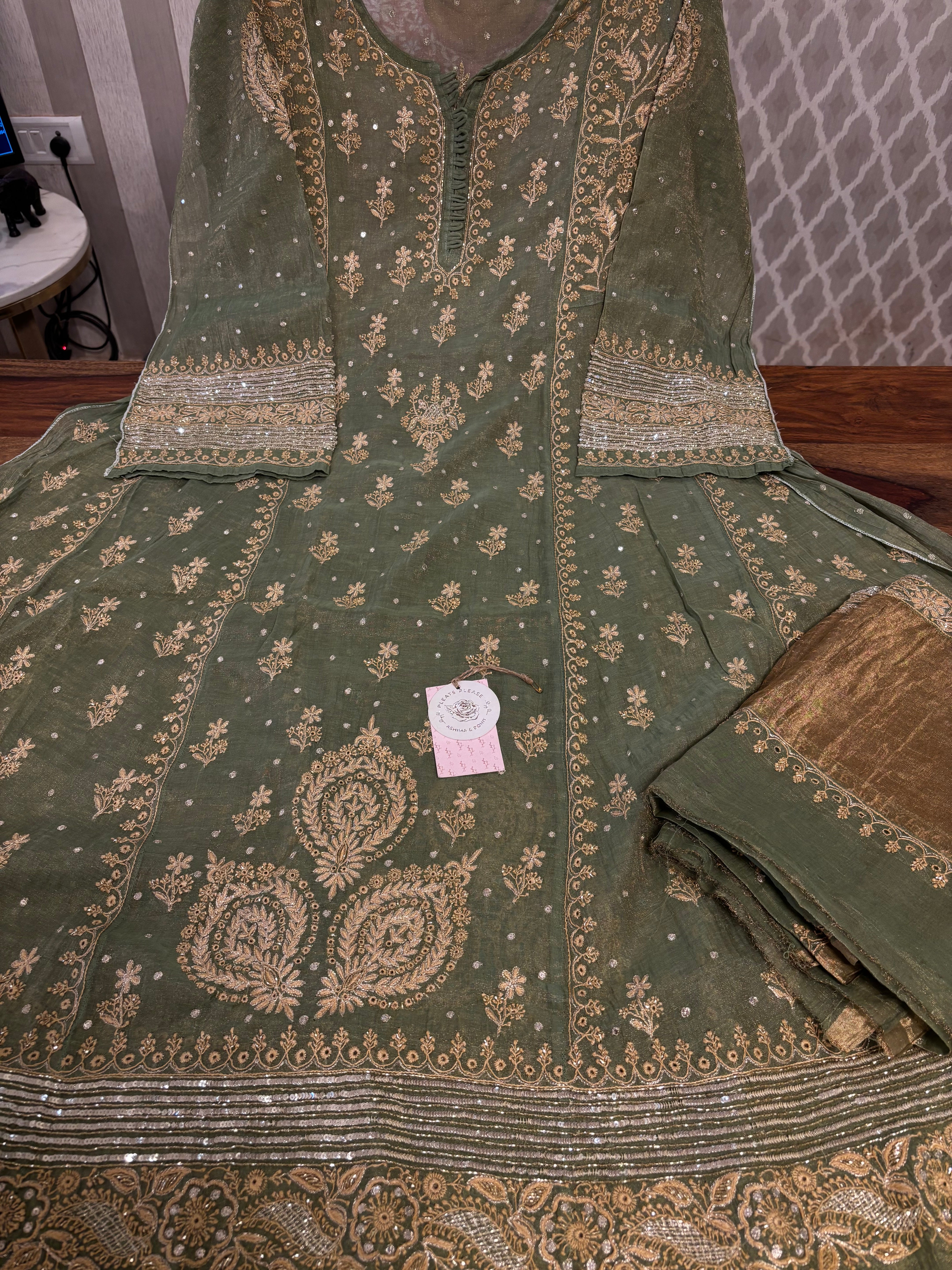 Green Pure & Premium Tissue Chikankari Anarkali & Dupatta Set