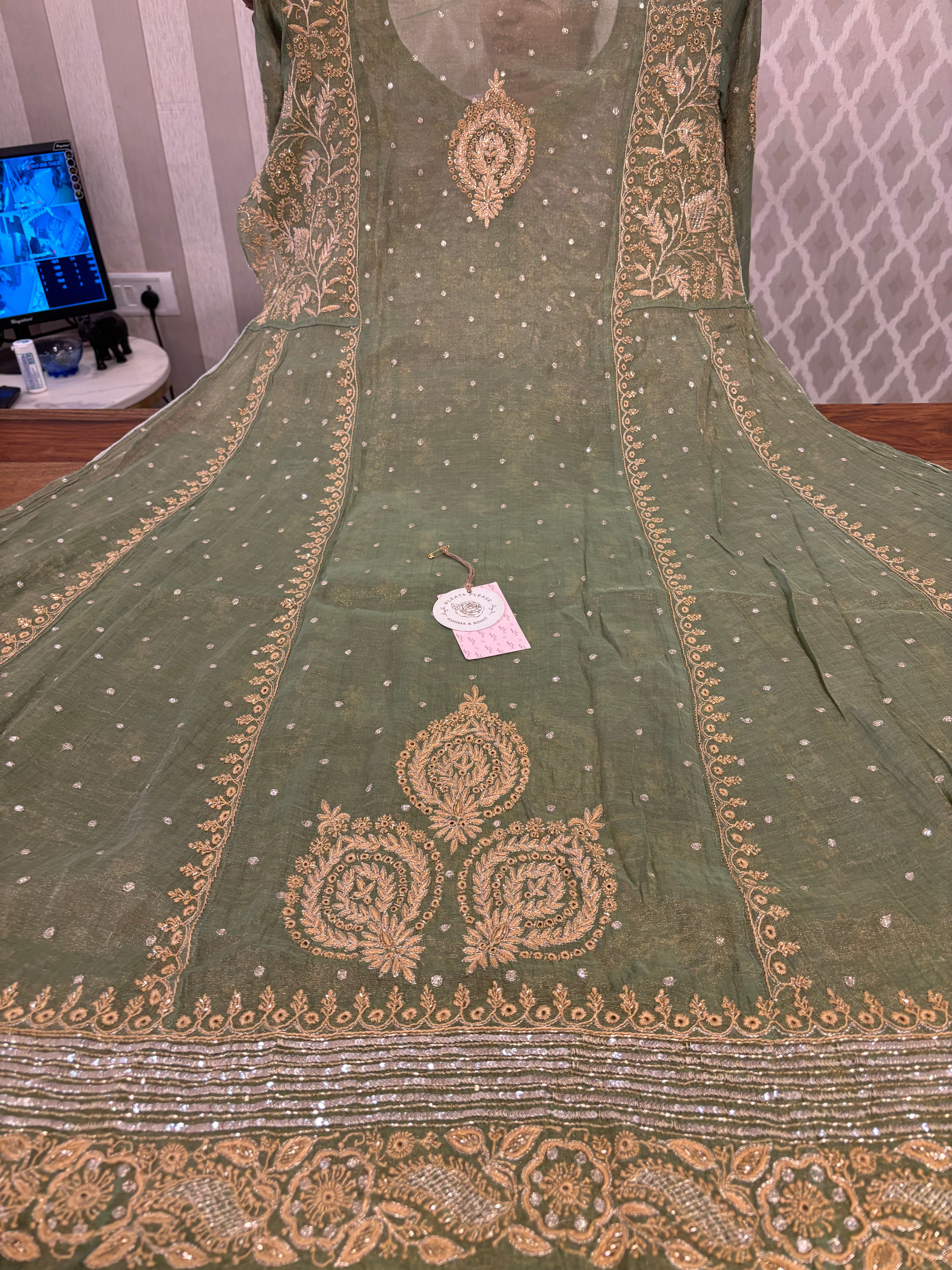 Green Pure & Premium Tissue Chikankari Anarkali & Dupatta Set