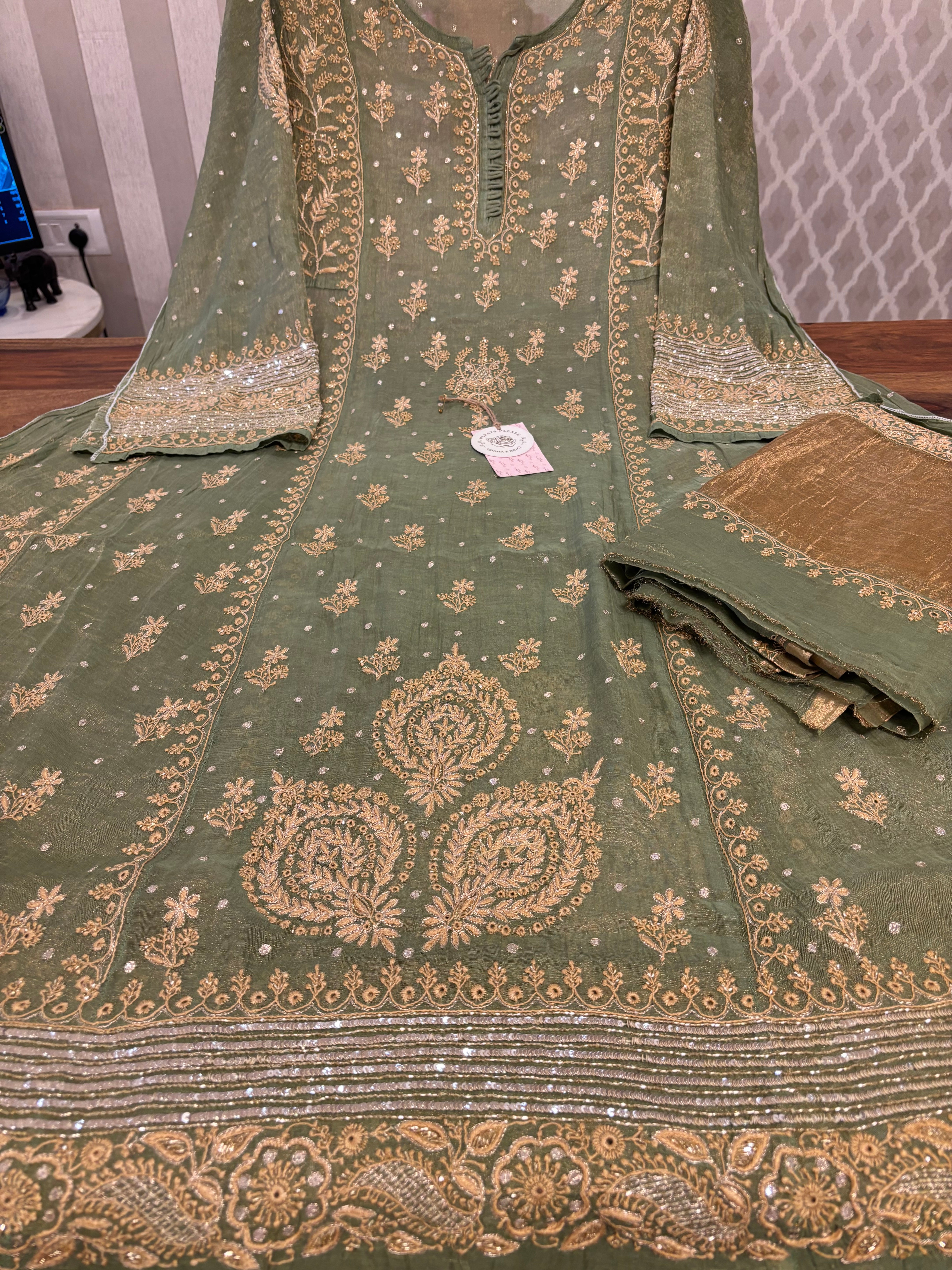 Green Pure & Premium Tissue Chikankari Anarkali & Dupatta Set
