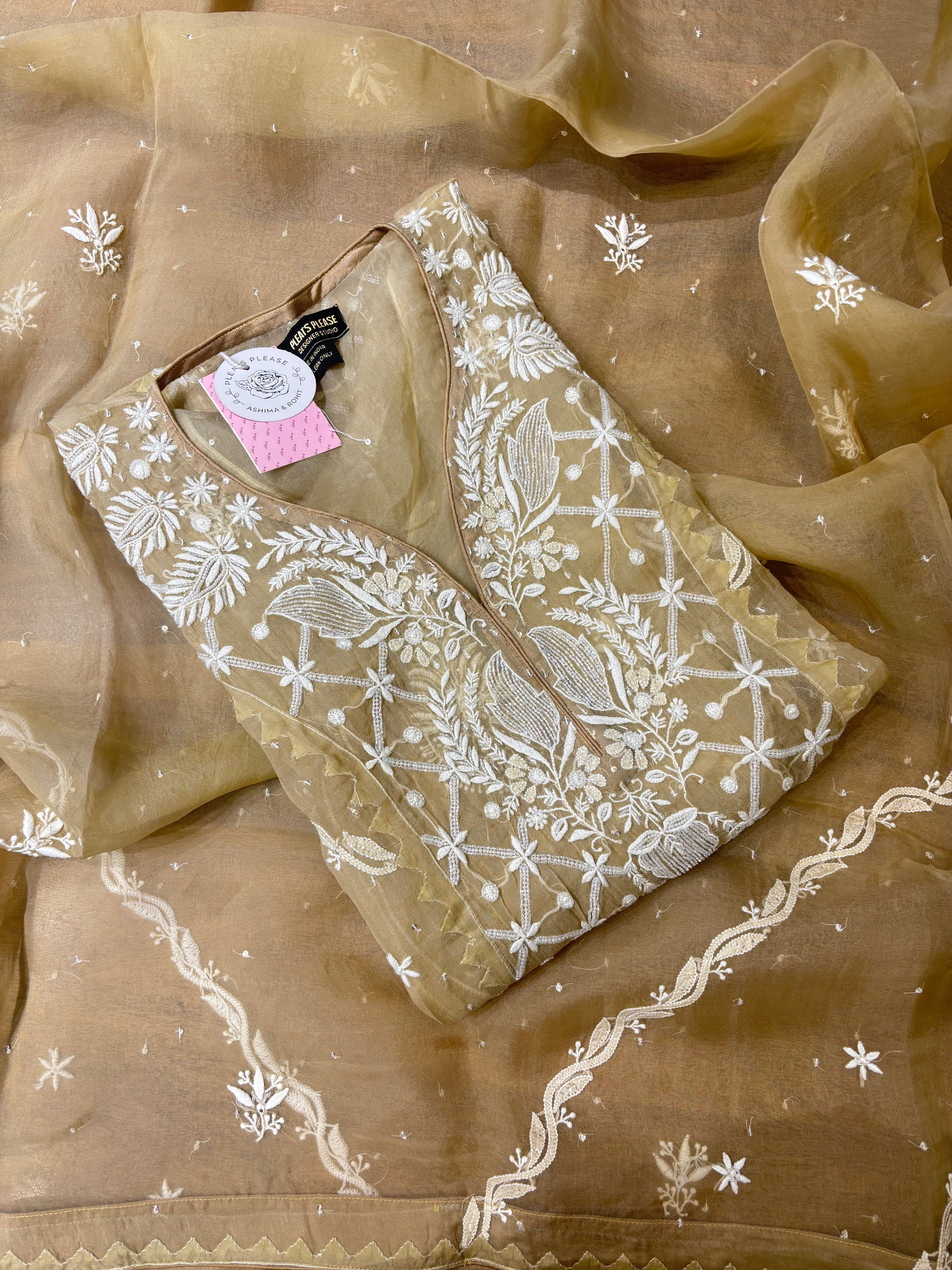 Golden Brown Pure Organza Silk Chikankari Kurta & Dupatta