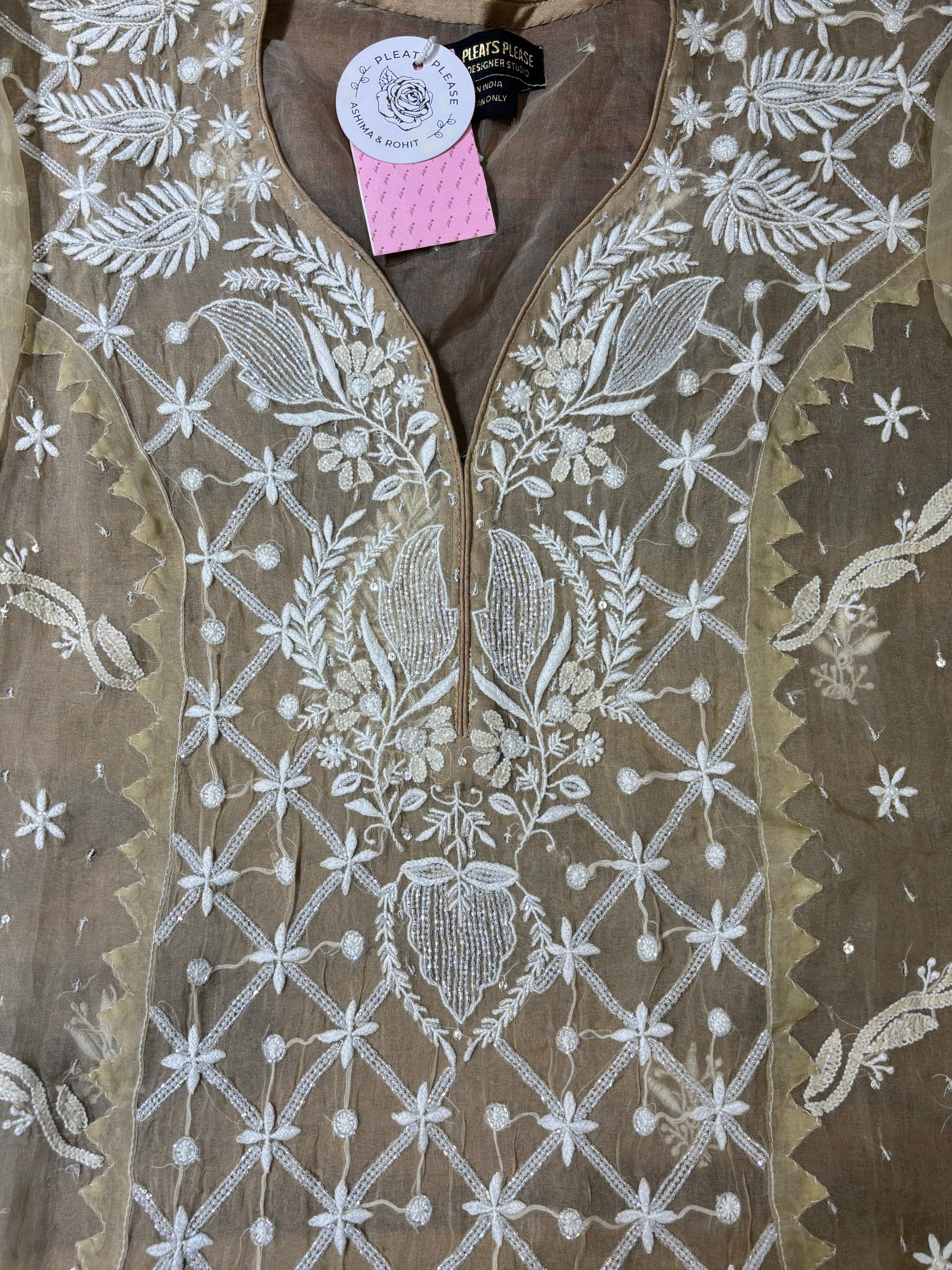 Golden Brown Pure Organza Silk Chikankari Kurta & Dupatta