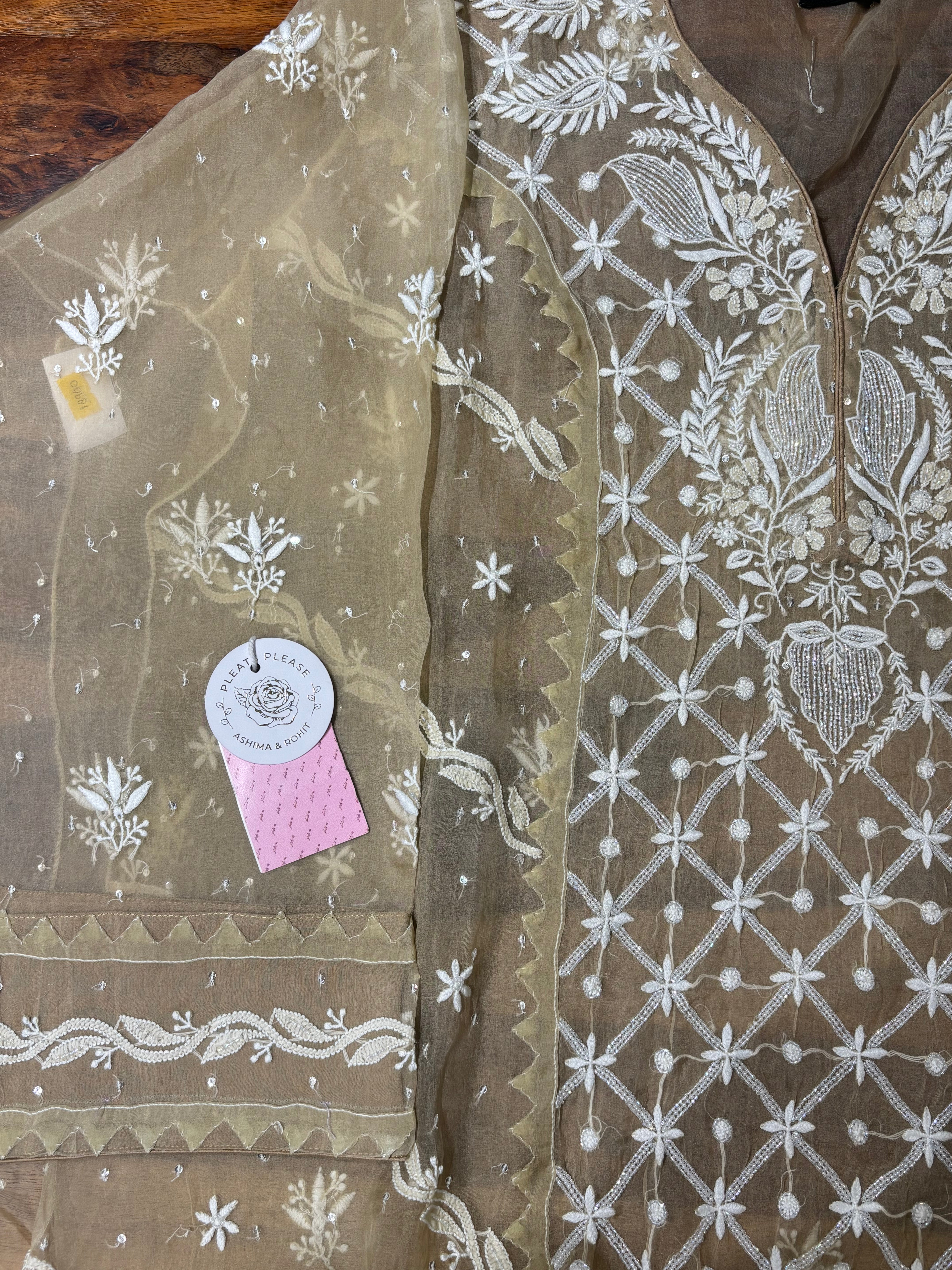Golden Brown Pure Organza Silk Chikankari Kurta & Dupatta