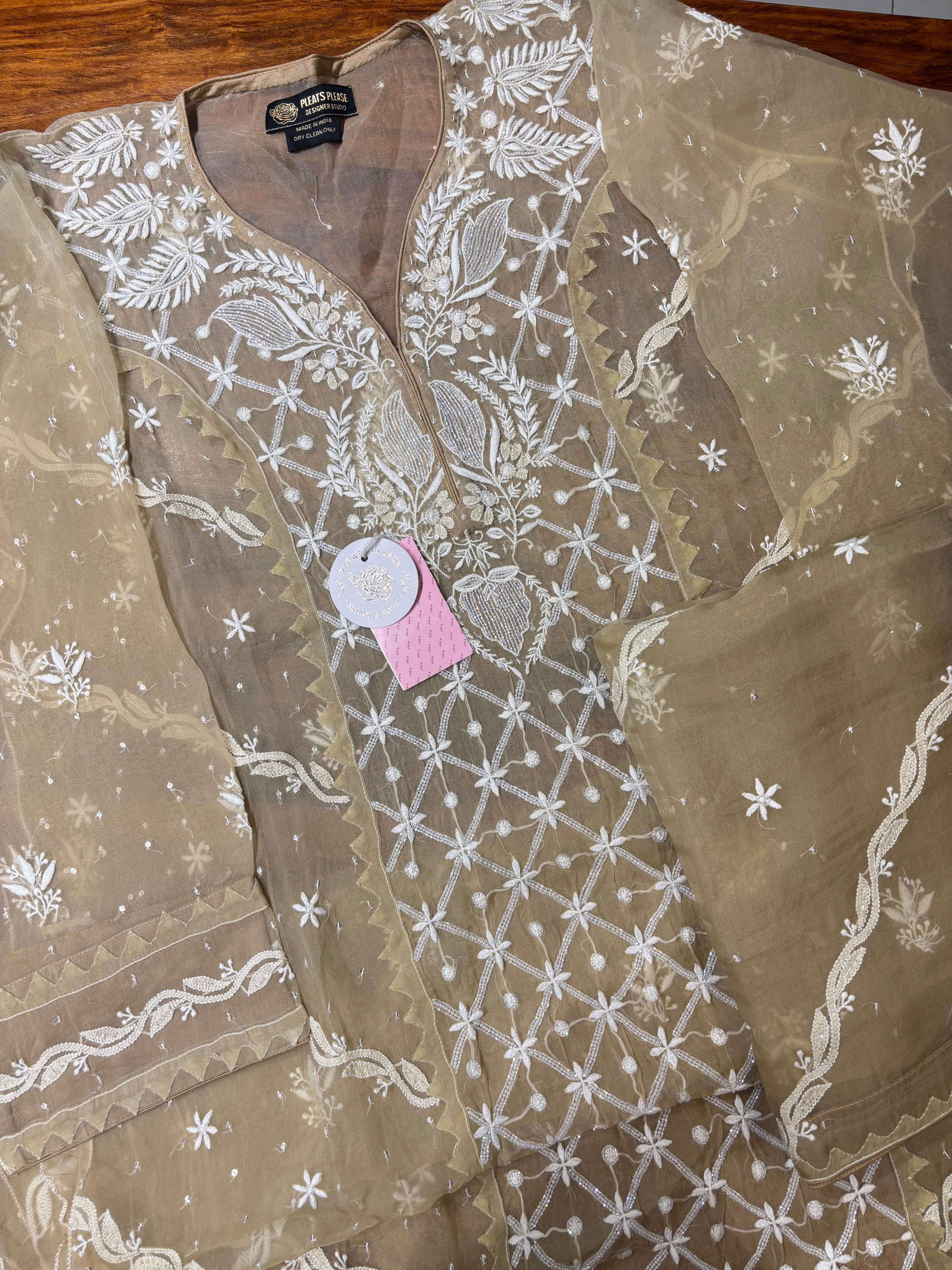 Golden Brown Pure Organza Silk Chikankari Kurta & Dupatta