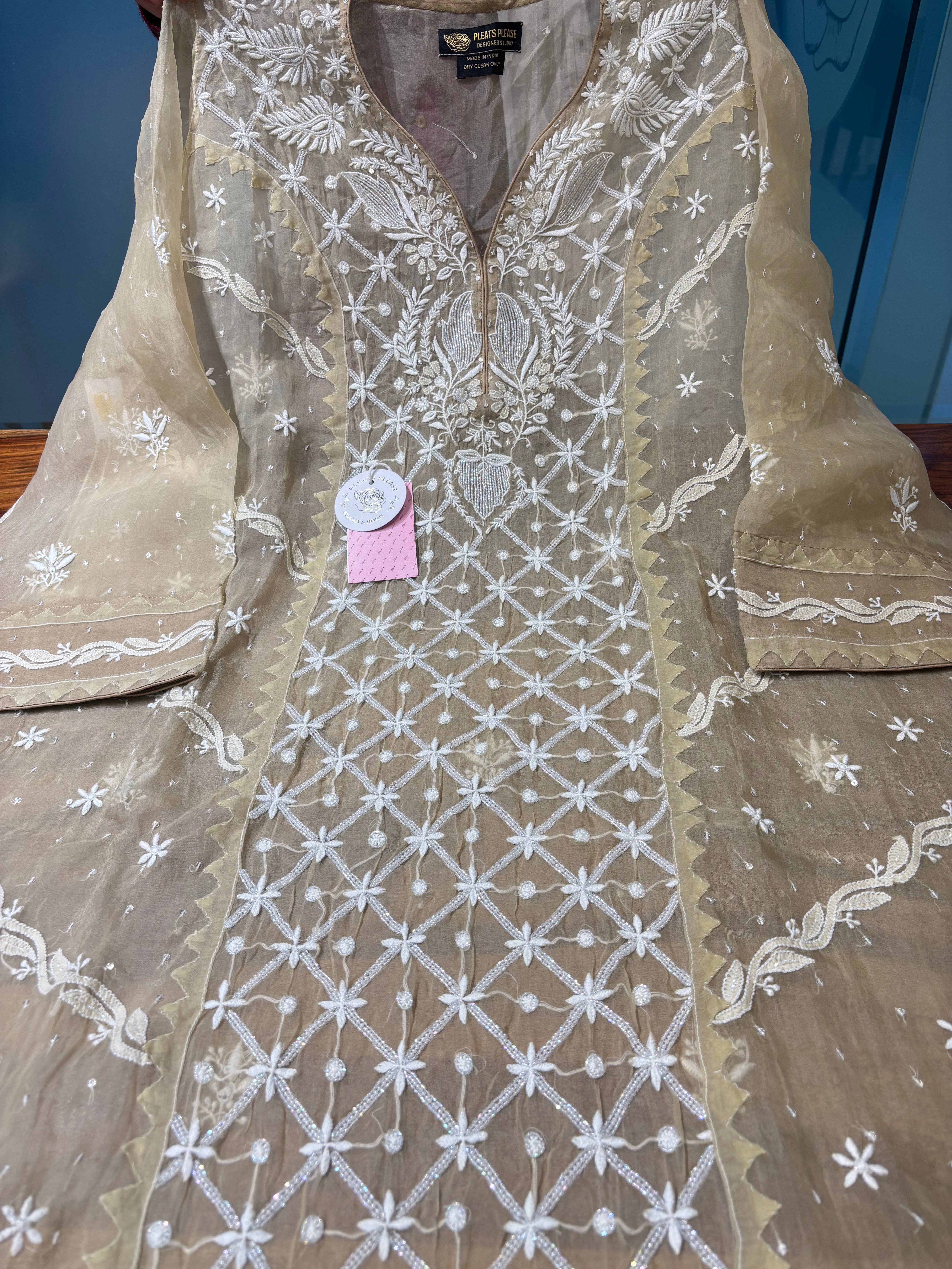 Golden Brown Pure Organza Silk Chikankari Kurta & Dupatta