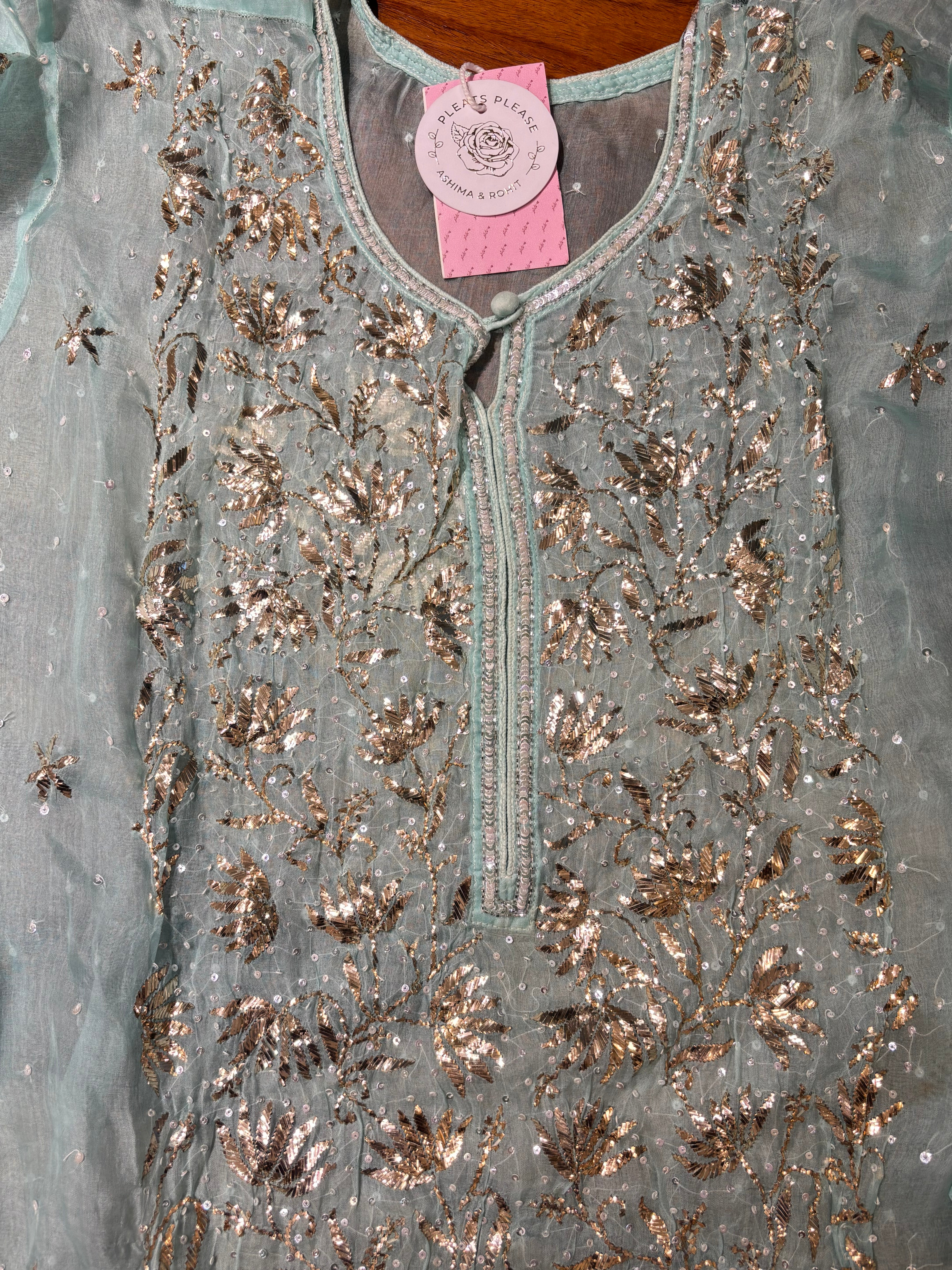 Aqua Blue Pure Organza Silk Mukaish Kurta & Dupatta - Pleats PleaseChikankari