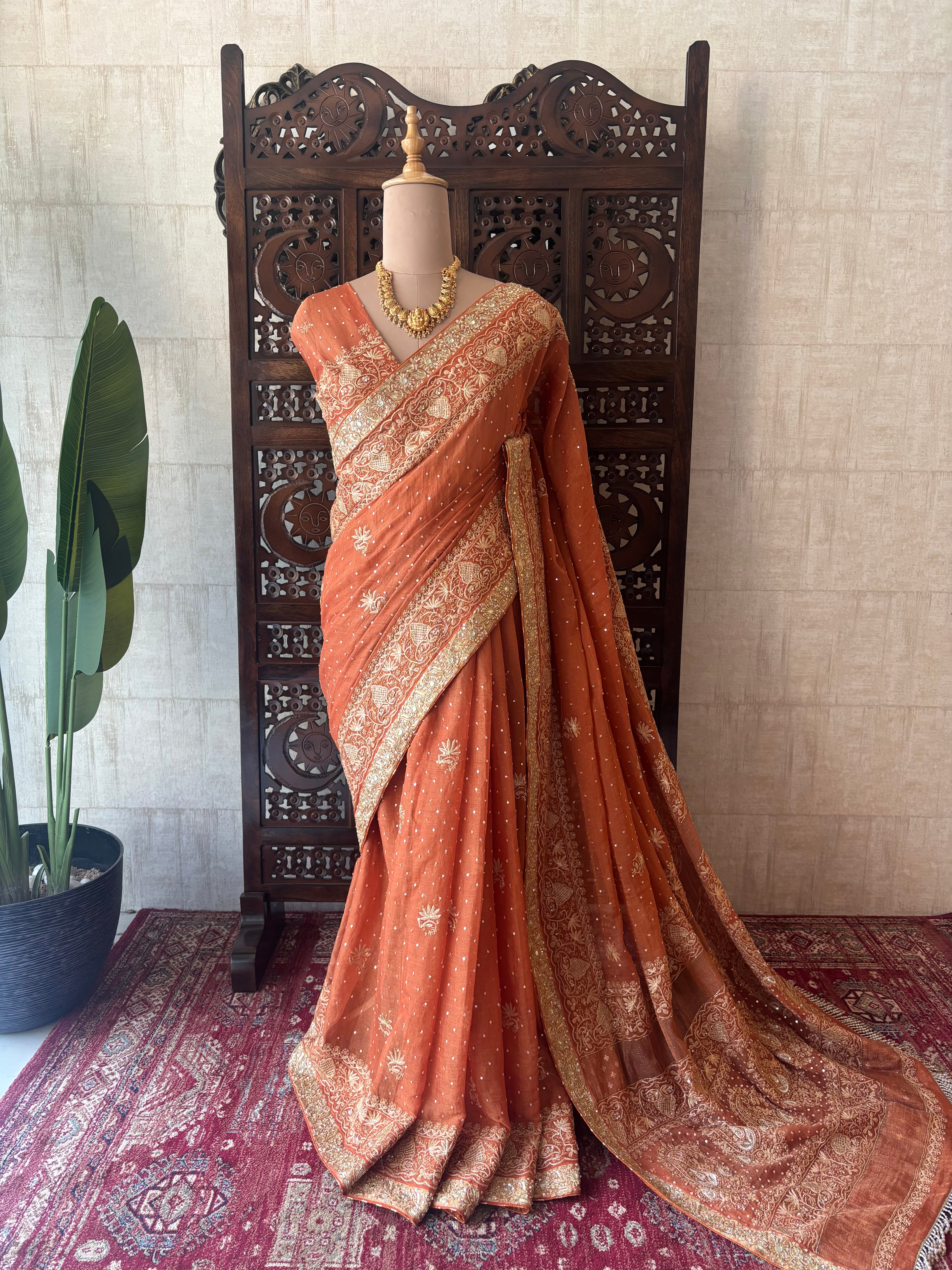 Burnt Orange Pure & Premium Tissue Chikankari Saree & Blouse