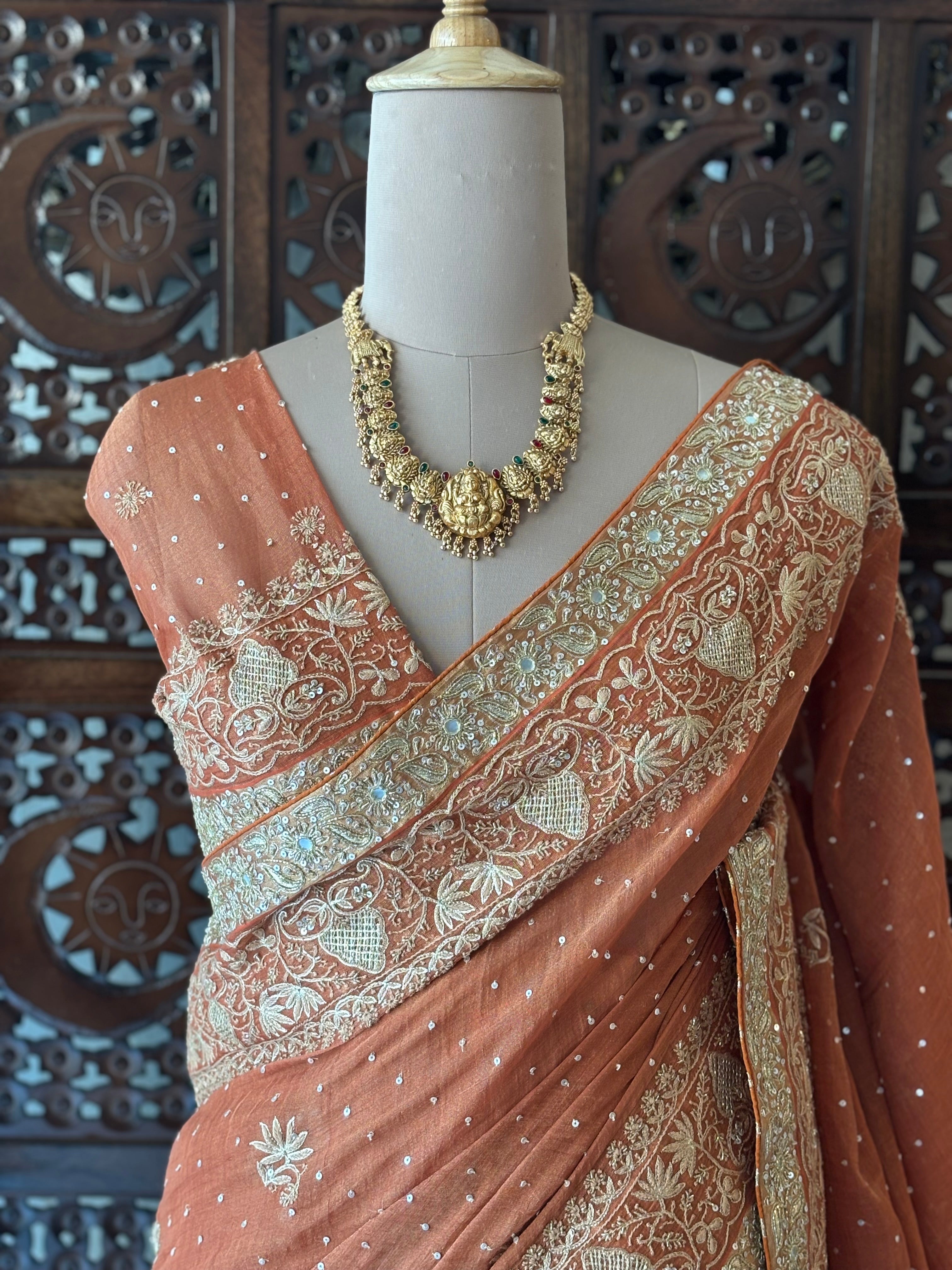 Burnt Orange Pure & Premium Tissue Chikankari Saree & Blouse