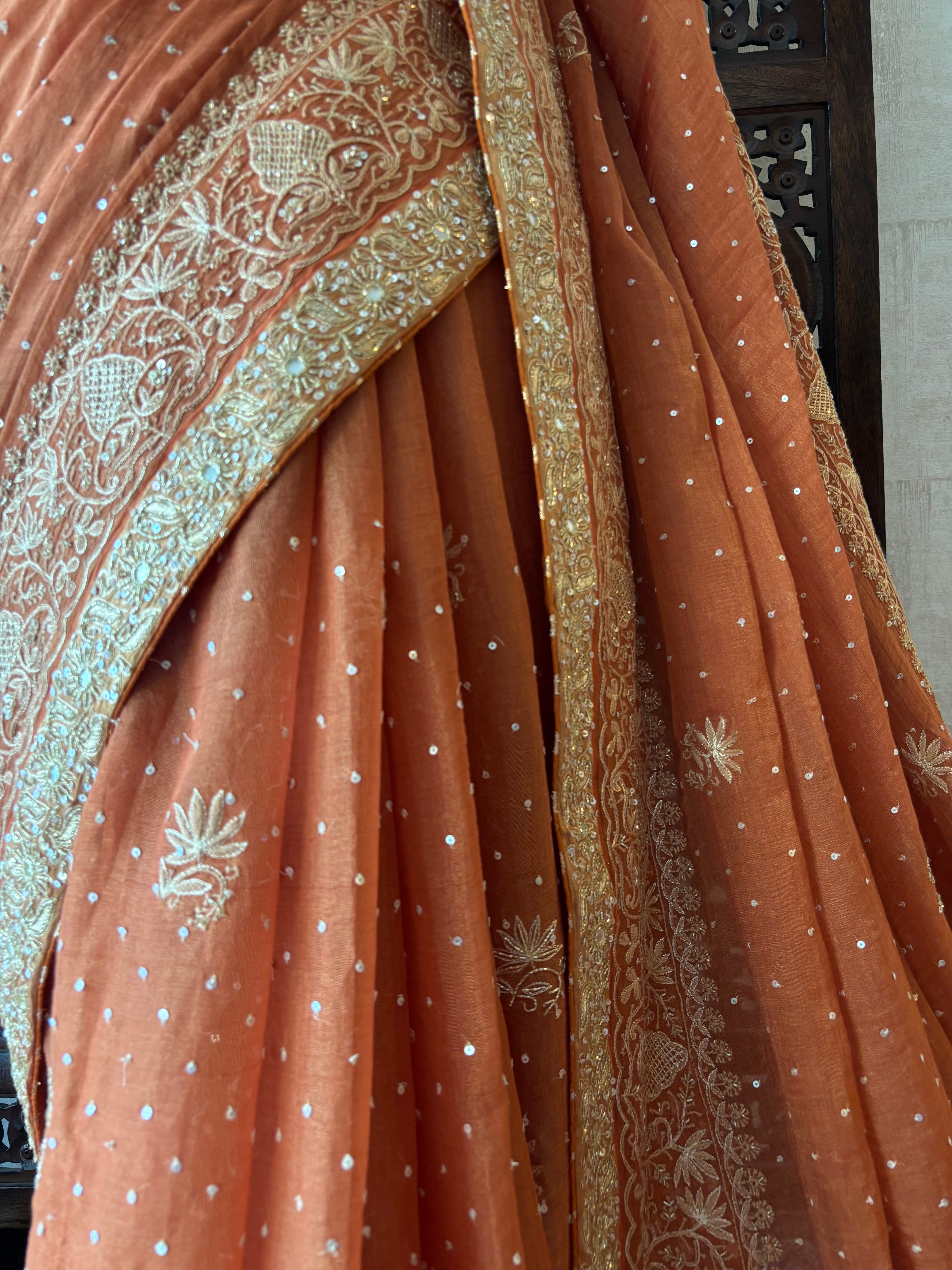 Burnt Orange Pure & Premium Tissue Chikankari Saree & Blouse