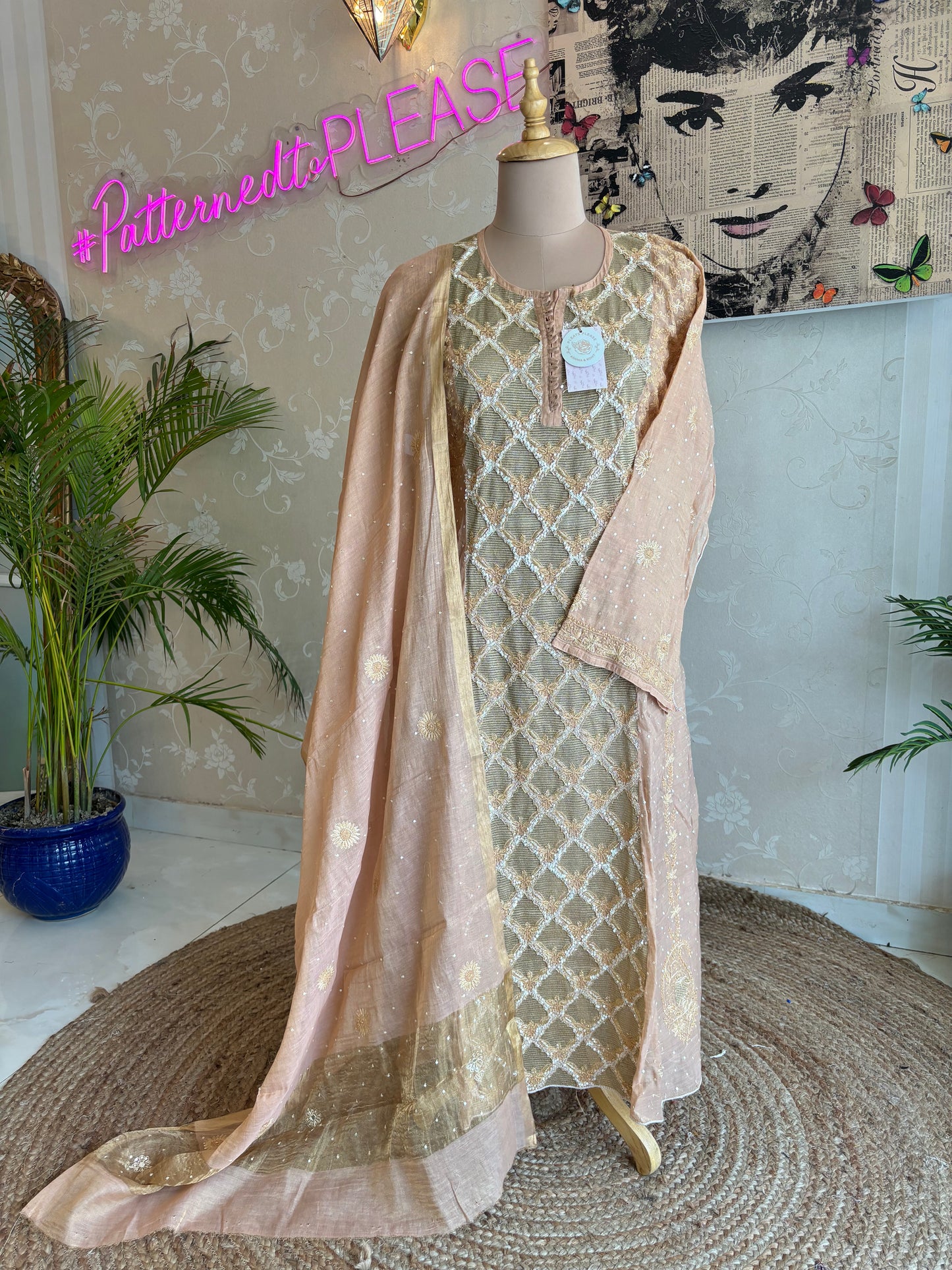 Rose Gold Pure Tissue Chikankari Anarkali and Dupatta