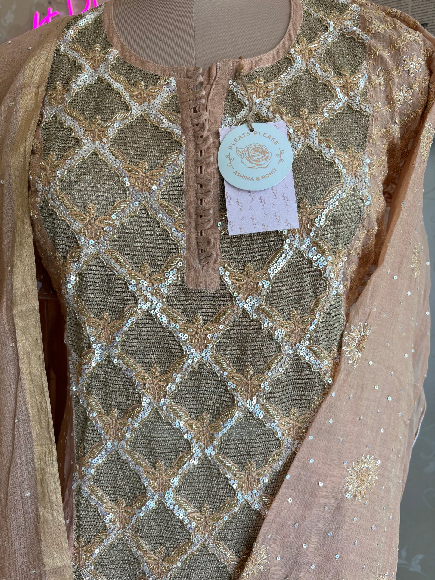 Rose Gold Pure Tissue Chikankari Anarkali and Dupatta