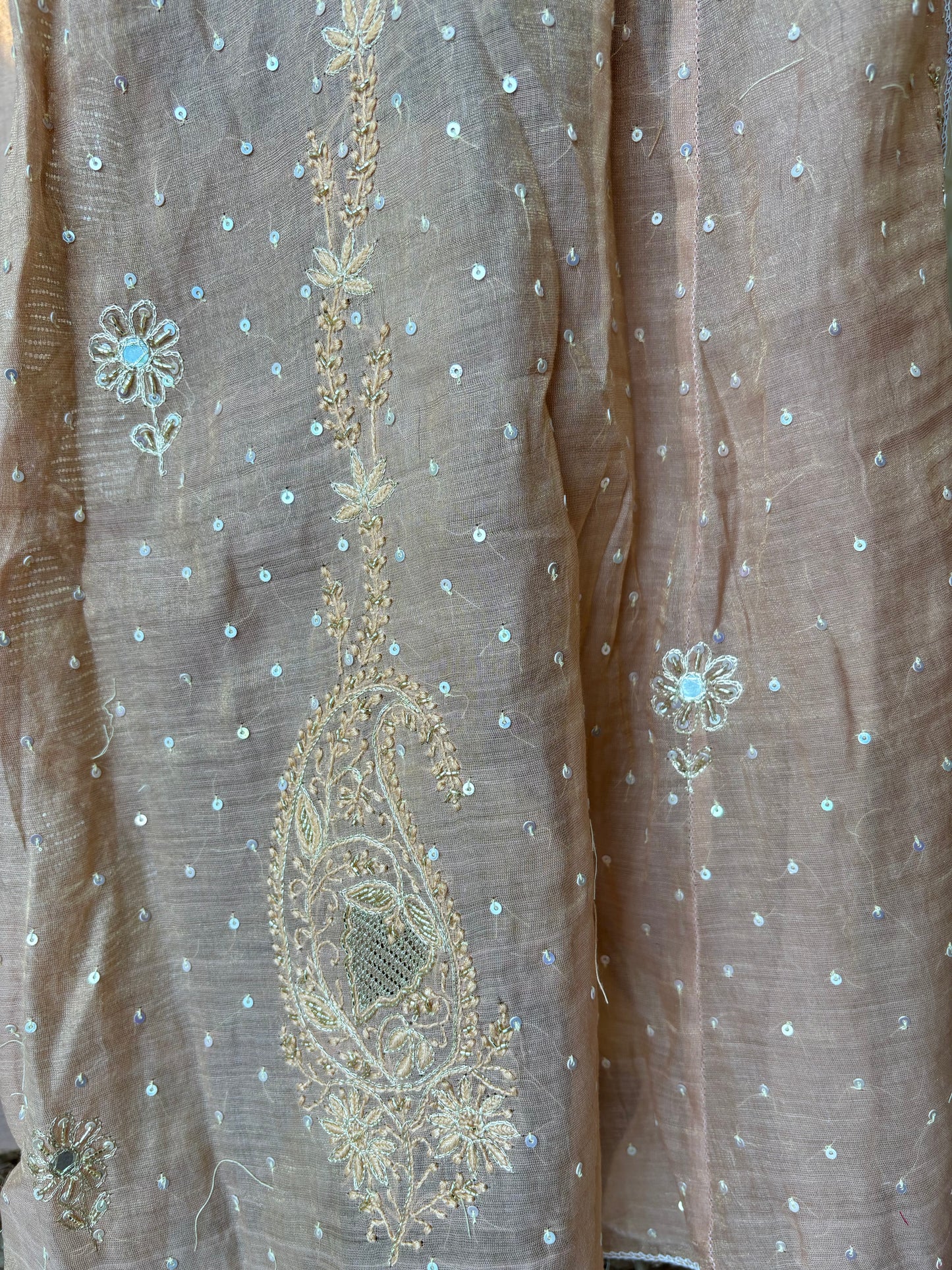 Rose Gold Pure Tissue Chikankari Anarkali and Dupatta