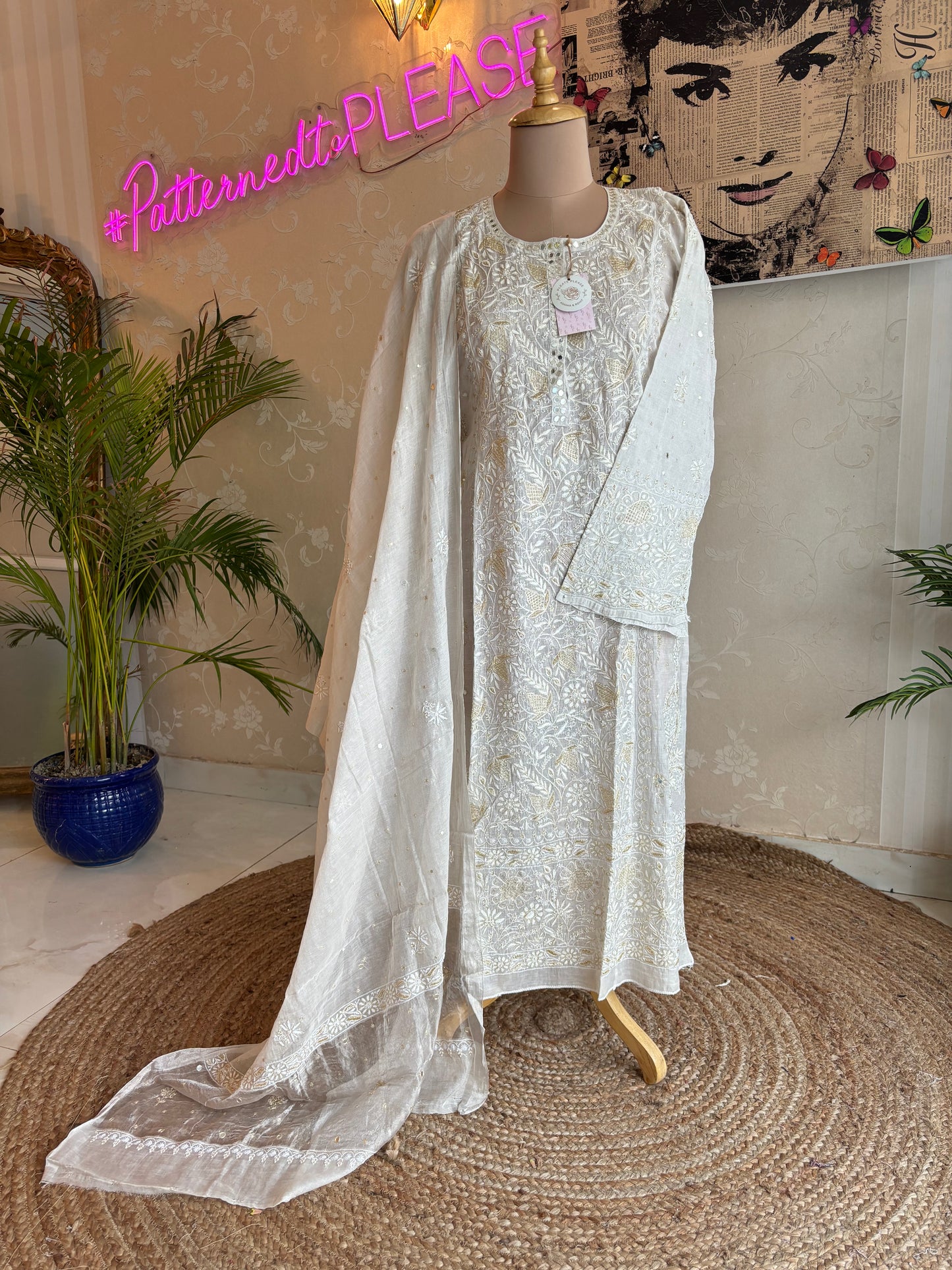 Silver Pure Tissue Chikankari Anarkali and Dupatta