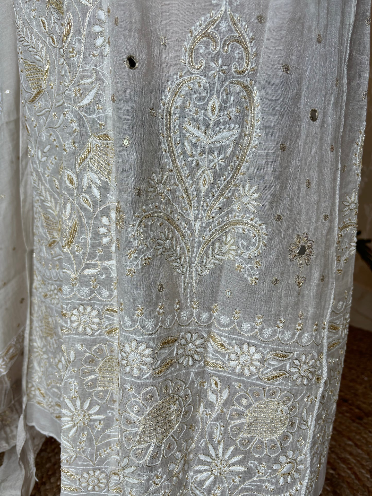 Silver Pure Tissue Chikankari Anarkali and Dupatta