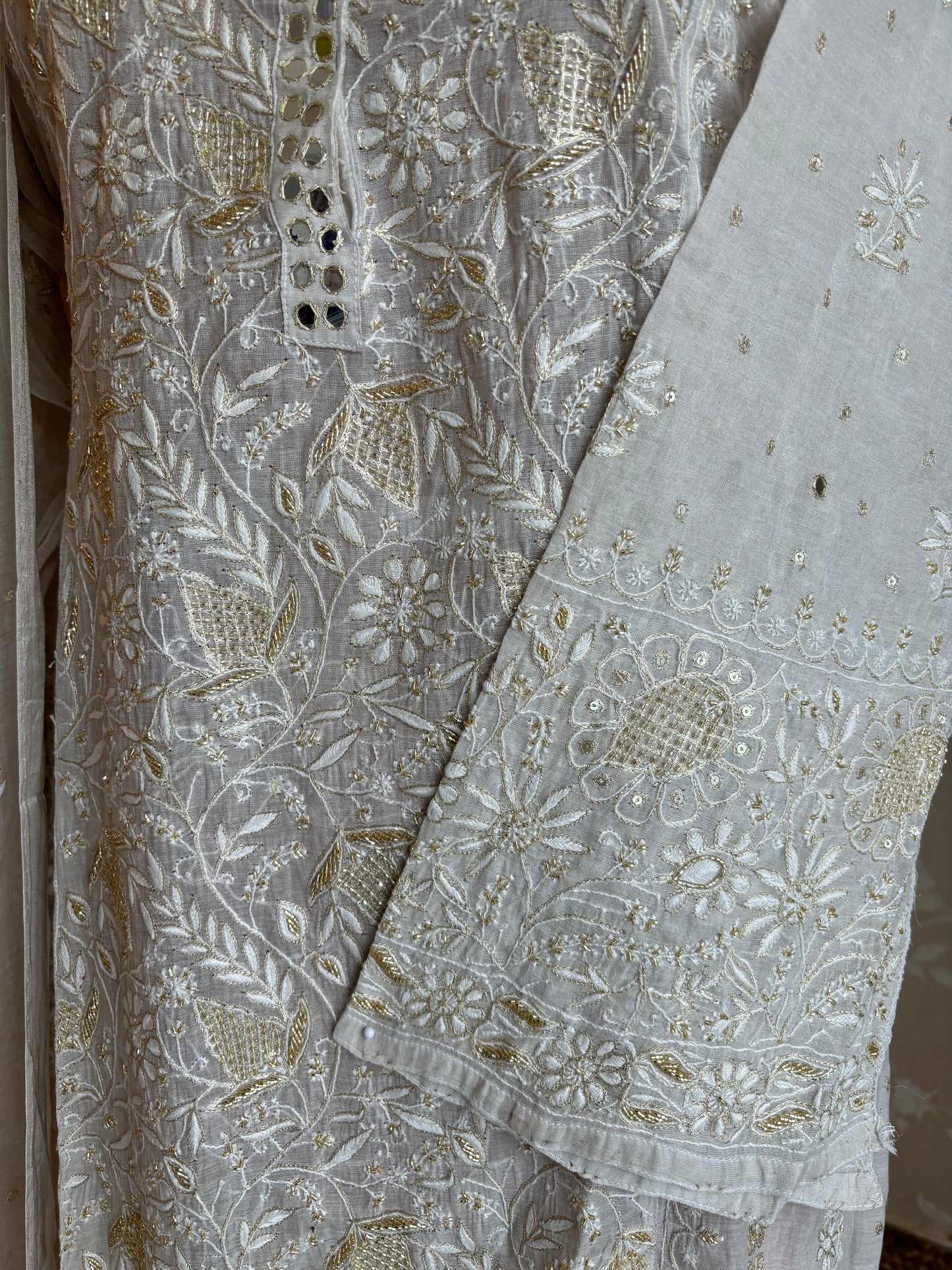 Silver Pure Tissue Chikankari Anarkali and Dupatta